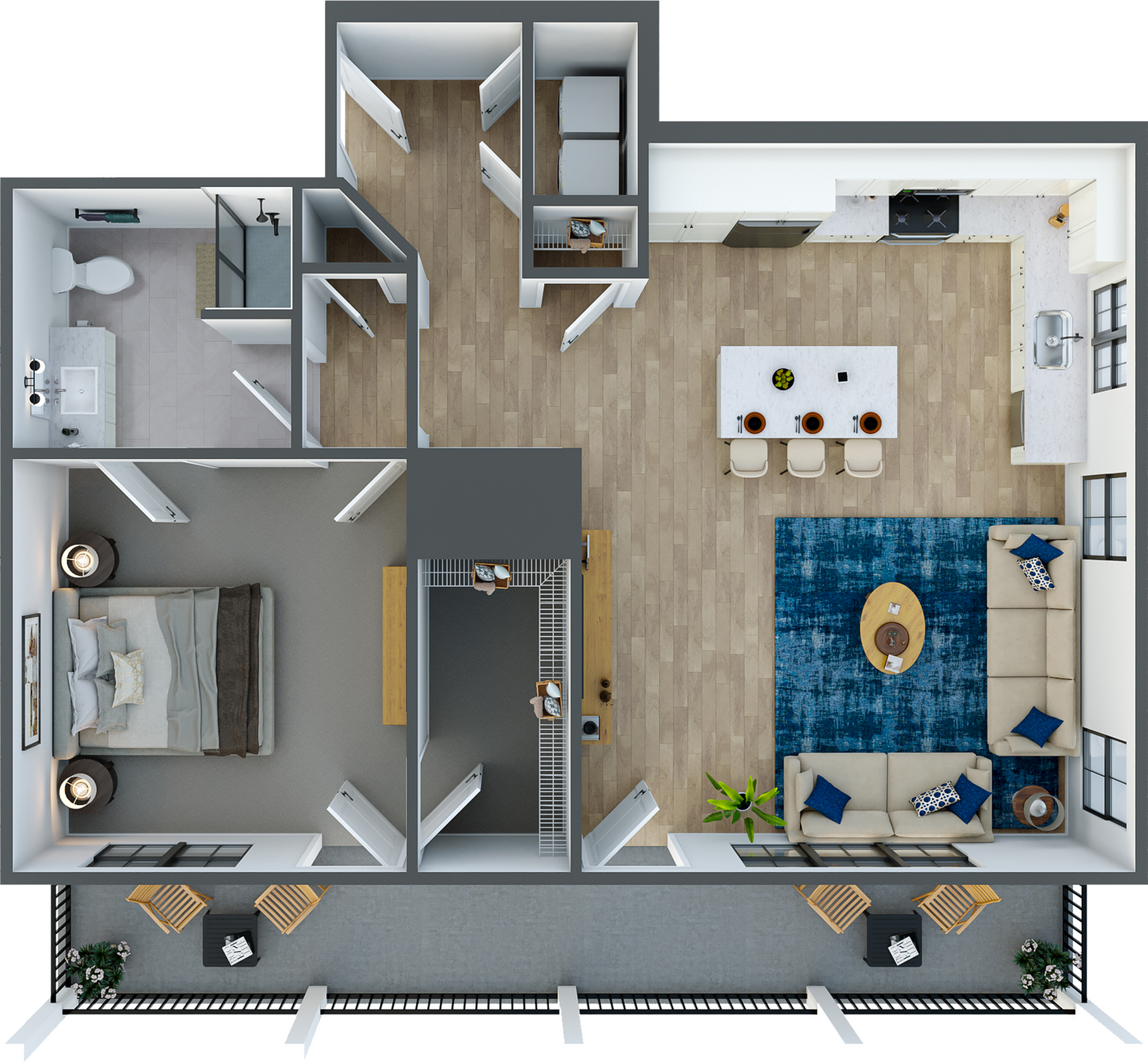 Modern floor plan featuring one bedroom, spacious open-concept kitchen with an island, cozy living area, and a private balcony for outdoor relaxation.