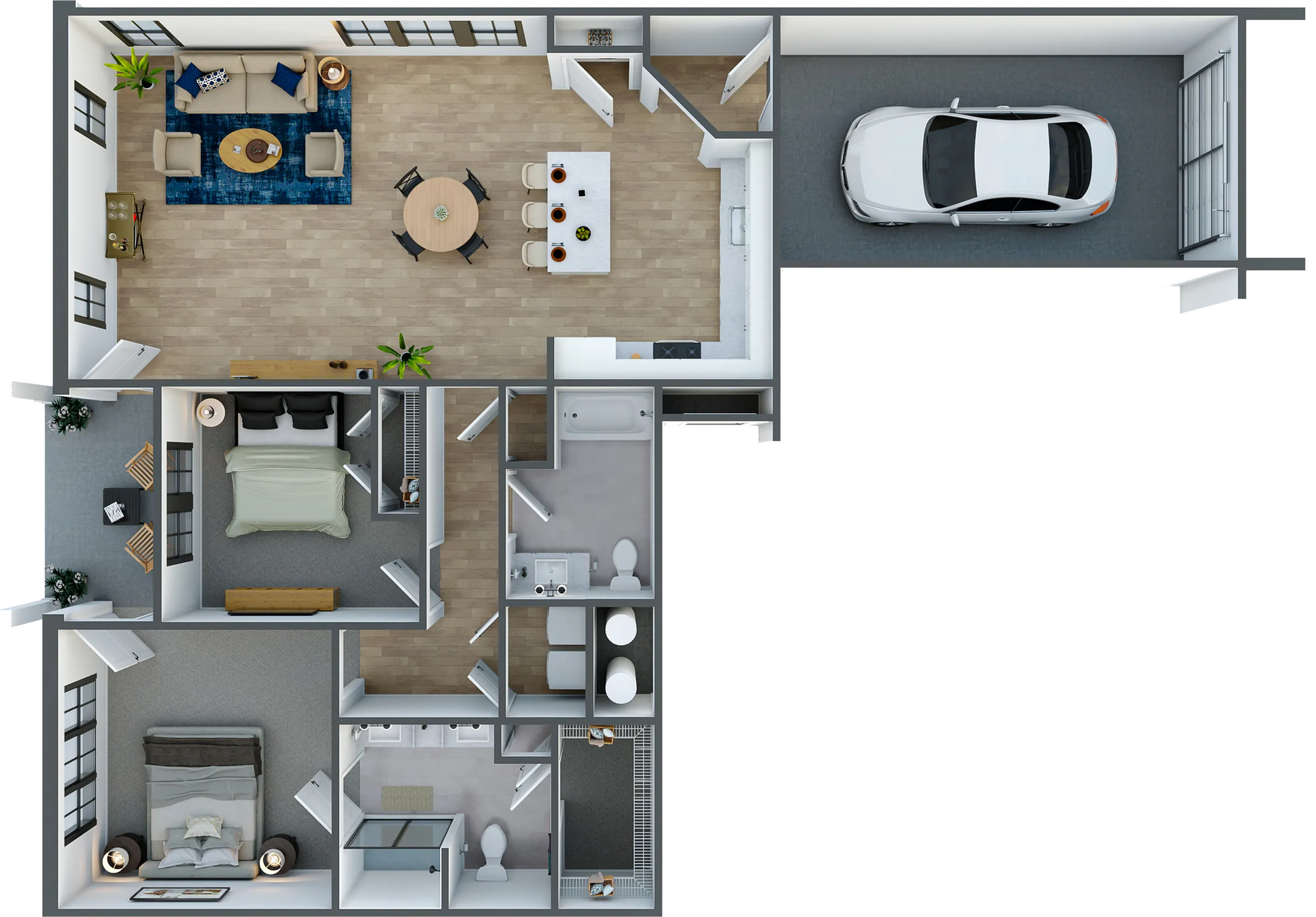 Elegant floor plan featuring 2 bedrooms, a cozy living area, modern kitchen with island, and an attached garage.