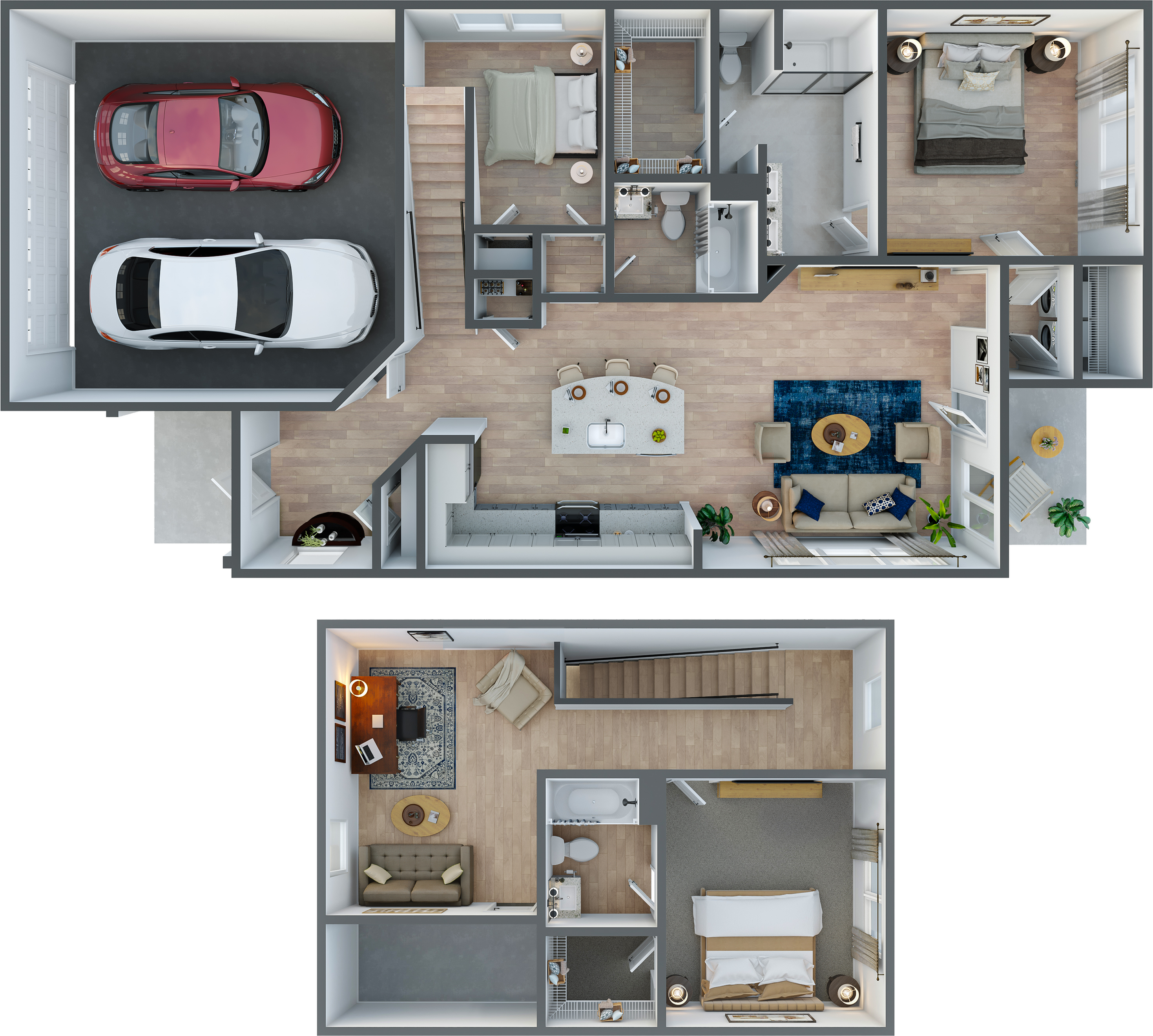 Modern two-story apartment floor plan featuring three spacious bedrooms, a stylish open-concept kitchen with island, a cozy living area, and a convenient two-car garage.