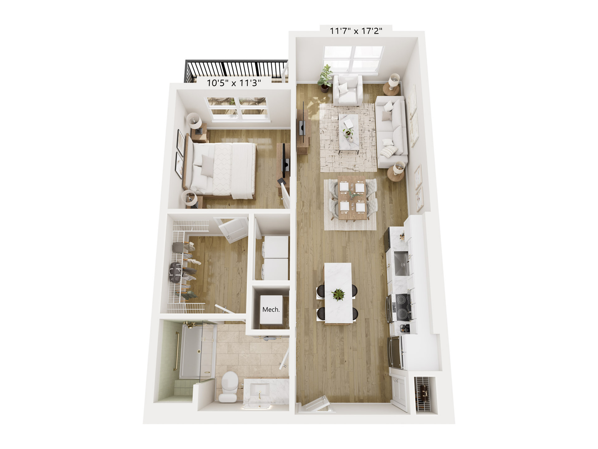Modern apartment floor plan with one bedroom, open-concept living and dining area, sleek kitchen, and cozy balcony.
