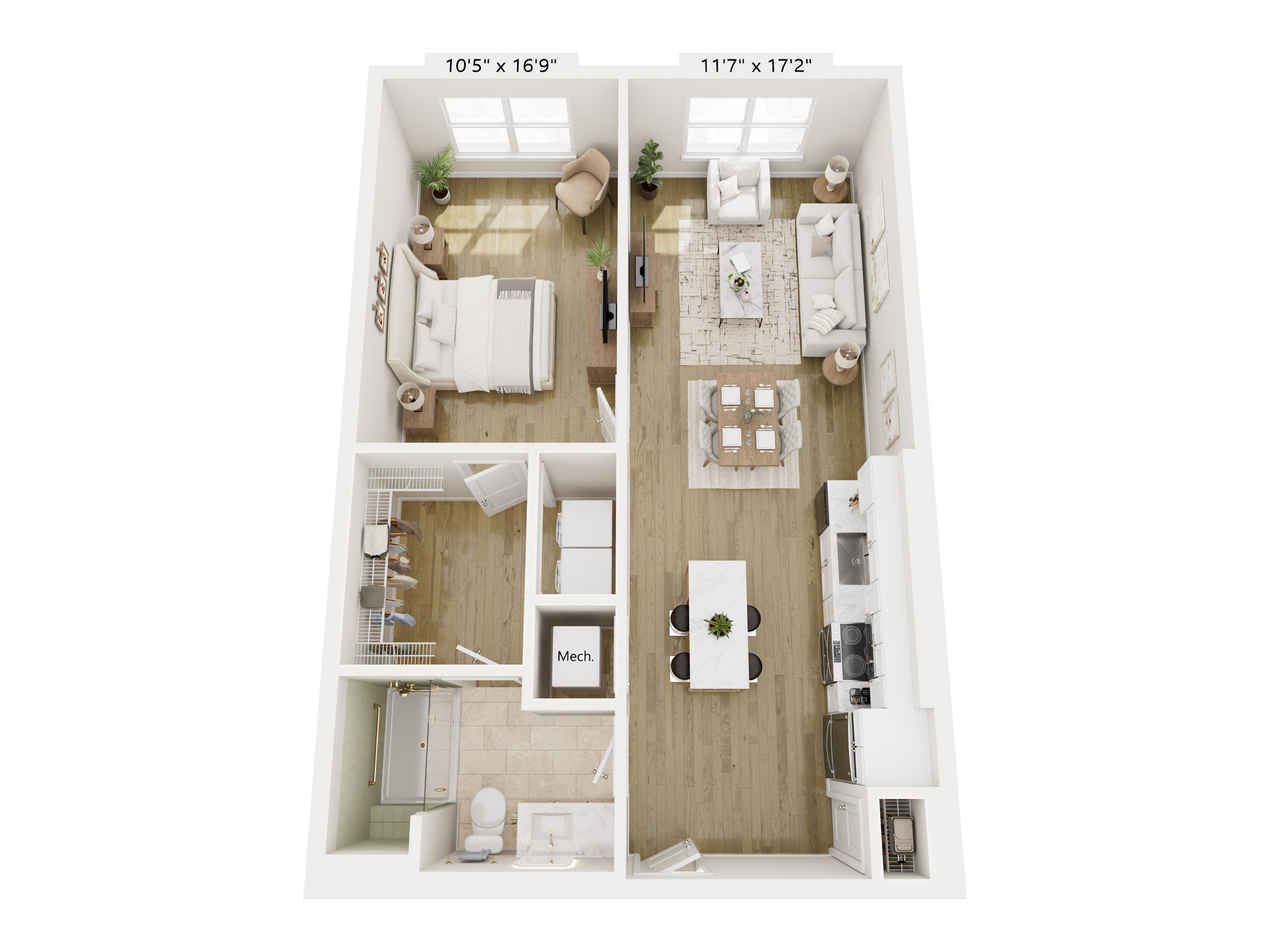 Chic floor plan featuring a spacious bedroom, modern open-concept kitchen and living area, and stylish bathroom with ample storage.