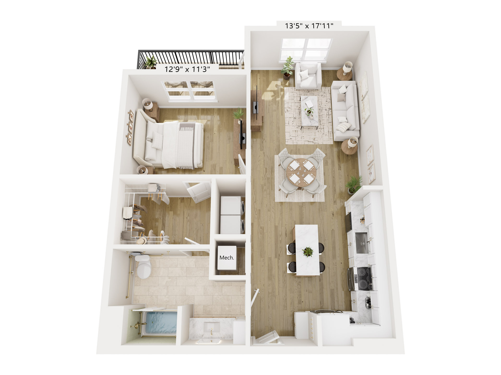Chic 3D floor plan showcasing a modern 1-bedroom apartment with an open-concept living space, stylish kitchen, cozy bedroom, and balcony.