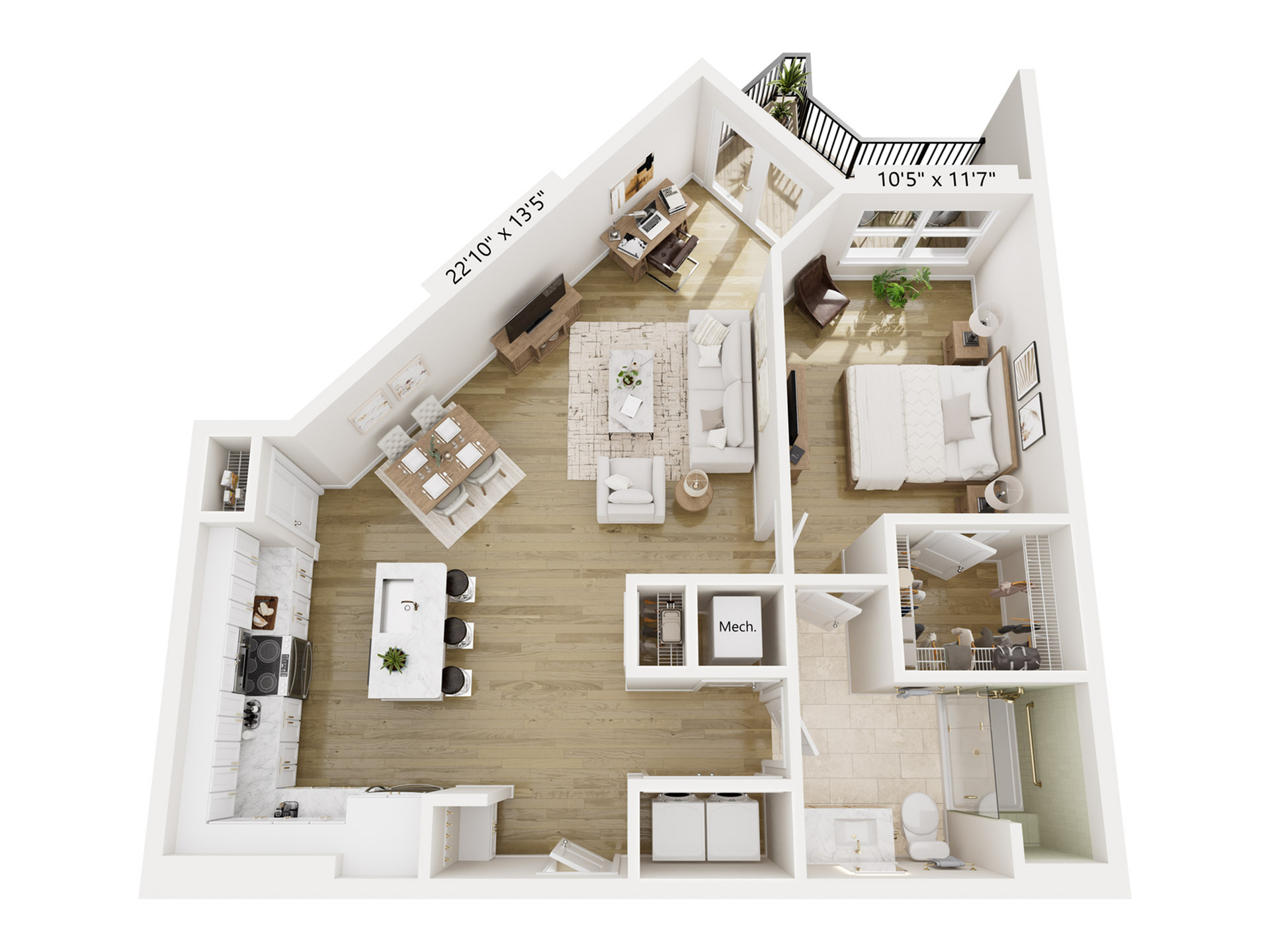 Modern 1-bedroom apartment floor plan featuring an open-concept living area, chic kitchen with island, and cozy balcony.
