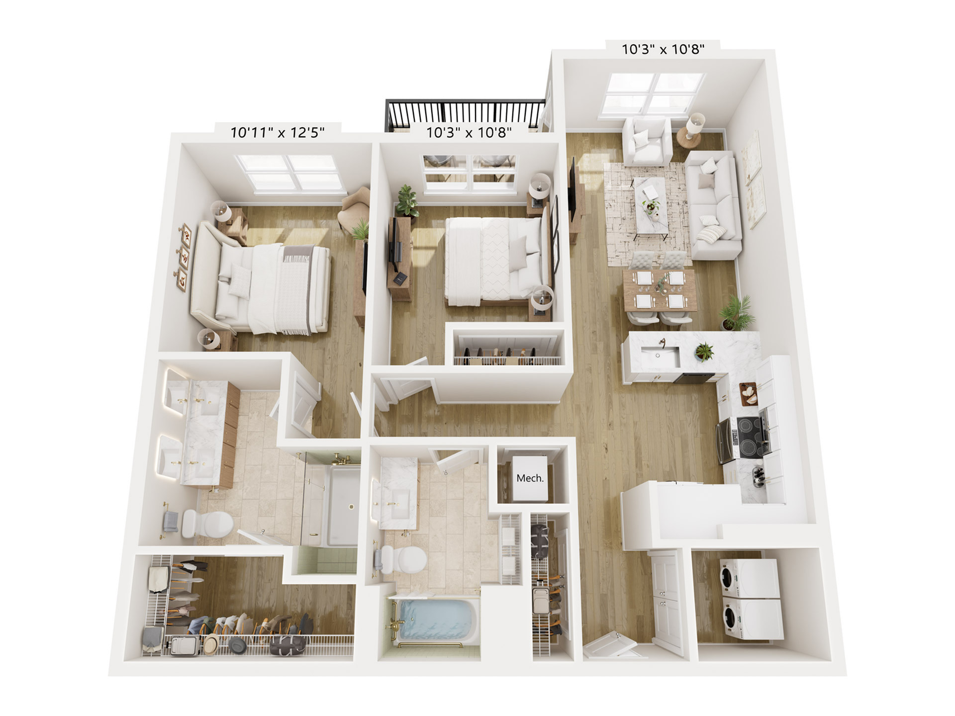 Modern 3D apartment floor plan showcasing 2 bedrooms, open living and dining area, sleek kitchen, 2 elegant bathrooms, and laundry space.