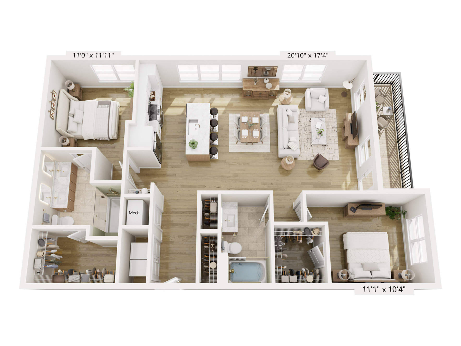 Elegant 3D floor plan with 2 bedrooms, open living area, modern kitchen, and private balcony, showcasing luxurious design and ample natural light.