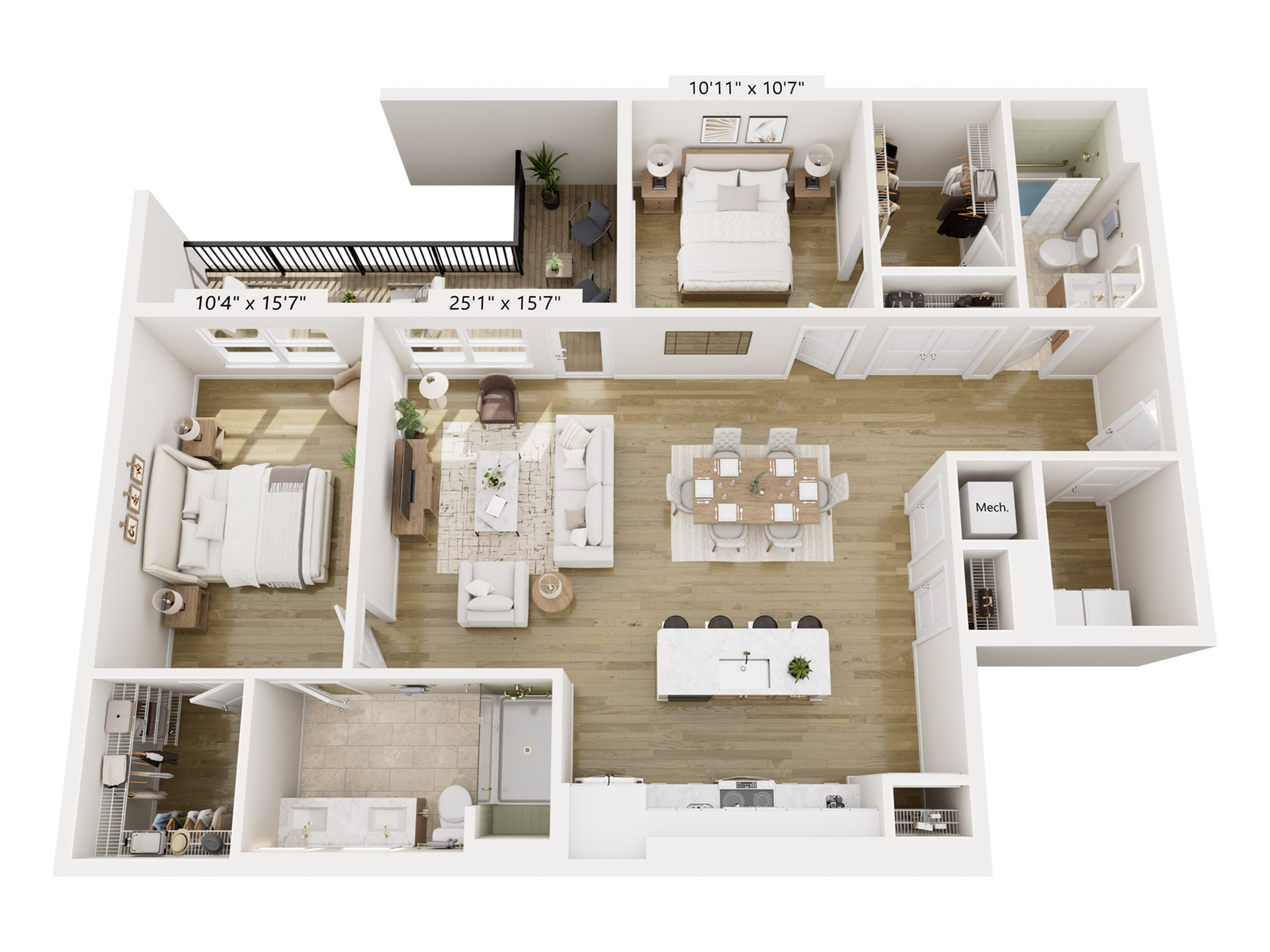 Modern 3D floor plan showcasing 2 spacious bedrooms, open-concept living and dining area, sleek kitchen, and private balcony.