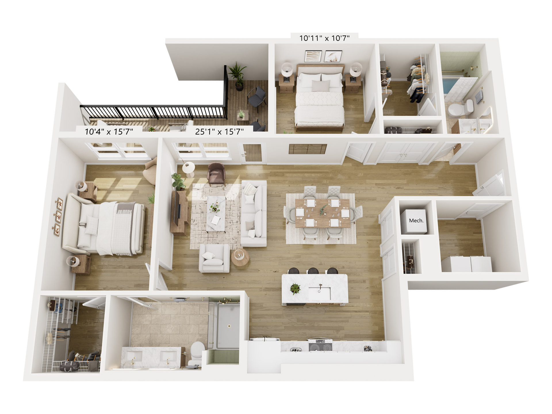 Elegant floor plan showcasing 2 spacious bedrooms, open-concept living and dining area, modern kitchen, and two stylish bathrooms with a cozy balcony space.