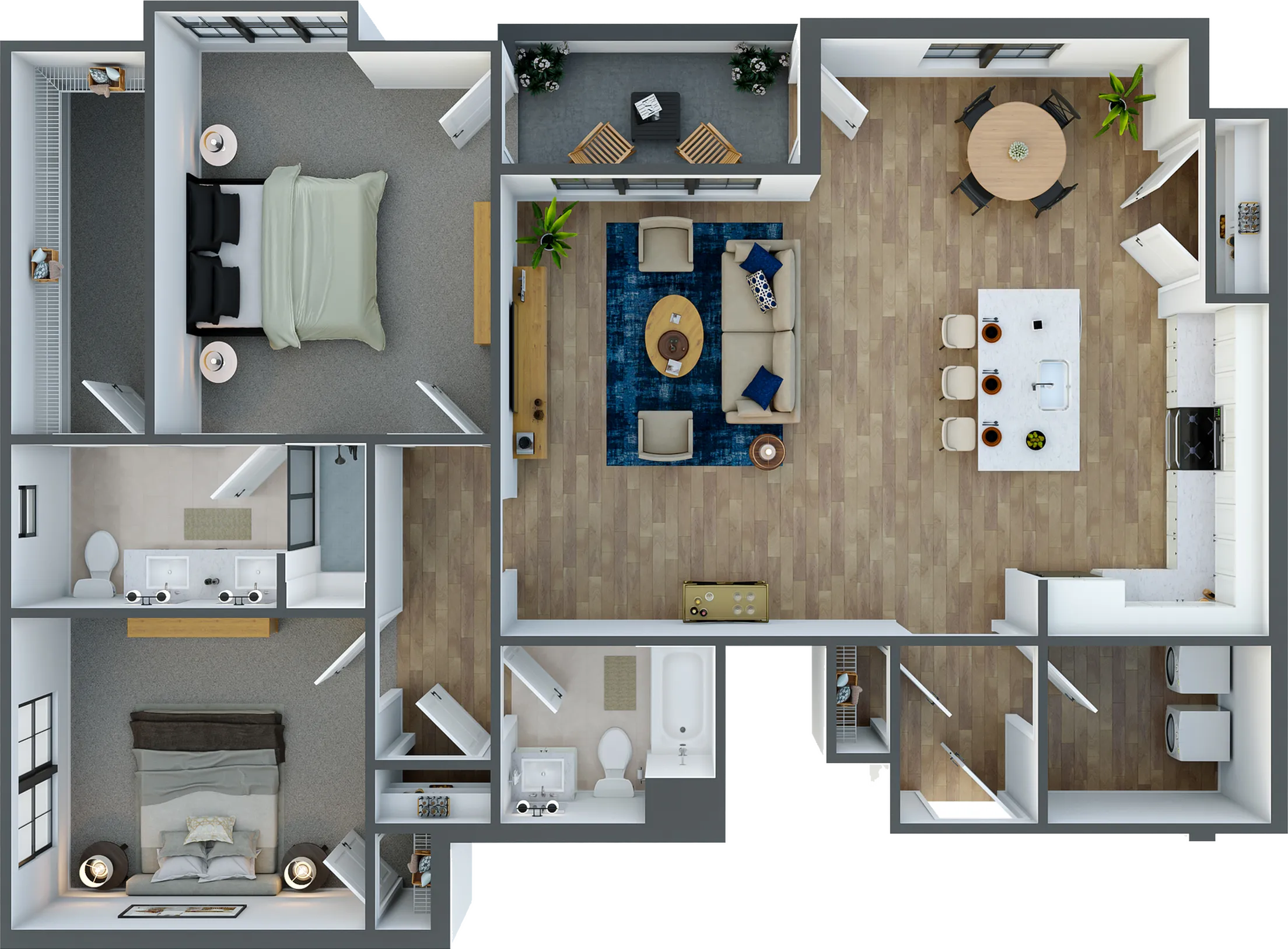 Modern floor plan showcasing 2 spacious bedrooms, an open-concept living and dining area, and a sleek kitchen with a center island.