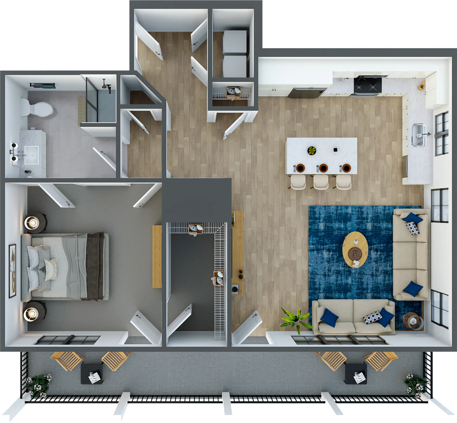 Modern floor plan showcasing a spacious one-bedroom apartment with open-concept kitchen and living area, elegant bathroom, and private balcony.