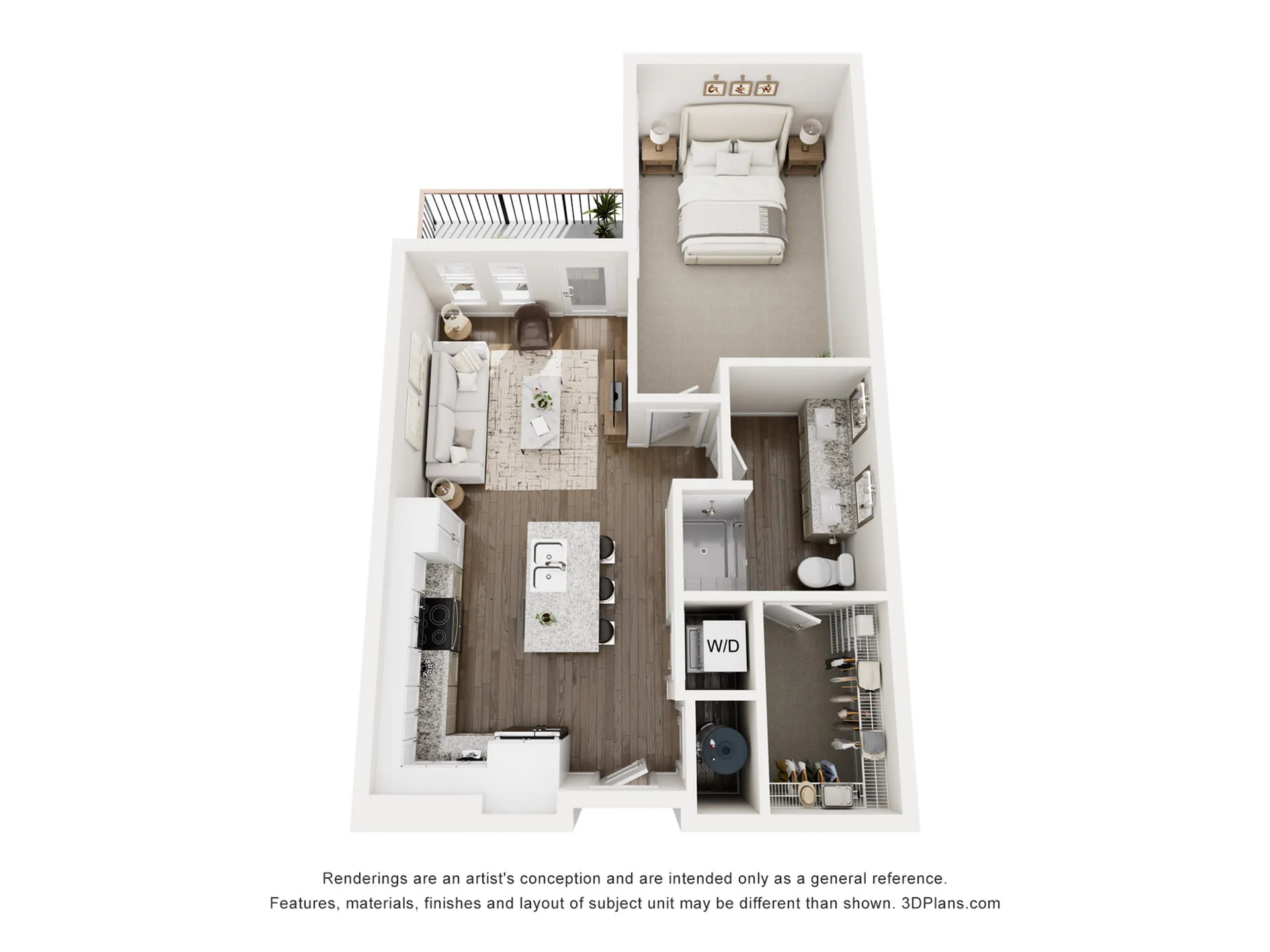3D floor plan showcasing one-bedroom apartment with open living area and modern kitchen.
