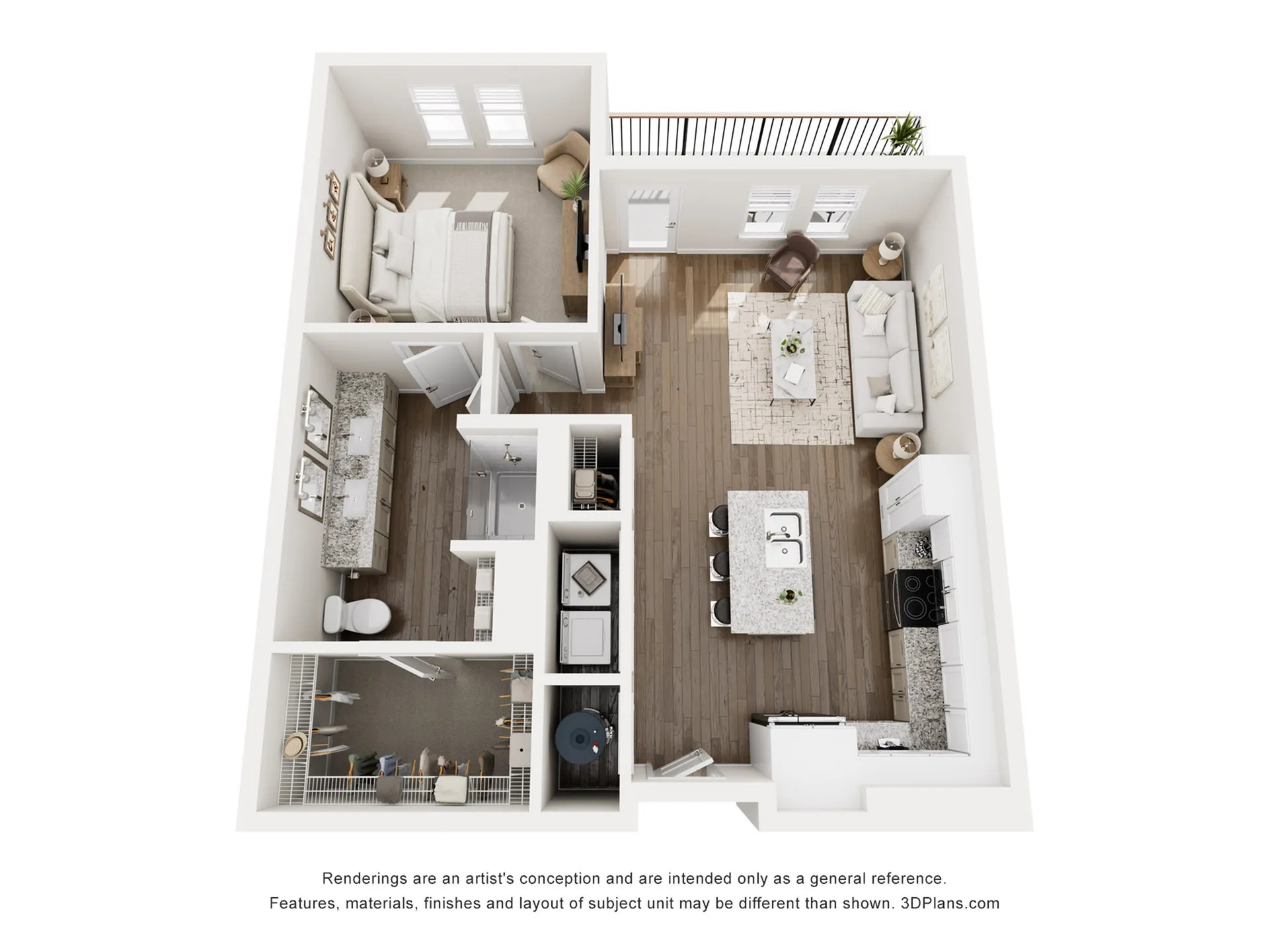 Elegant 3D floor plan featuring a cozy bedroom, stylish living room, and modern kitchen with an island.