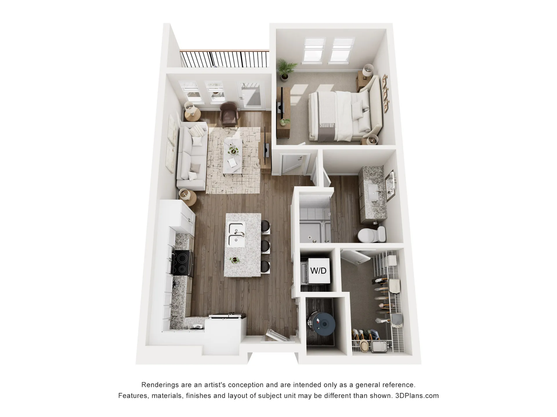 3D floor plan depicting a chic 1-bedroom apartment with an open living area and modern kitchen.