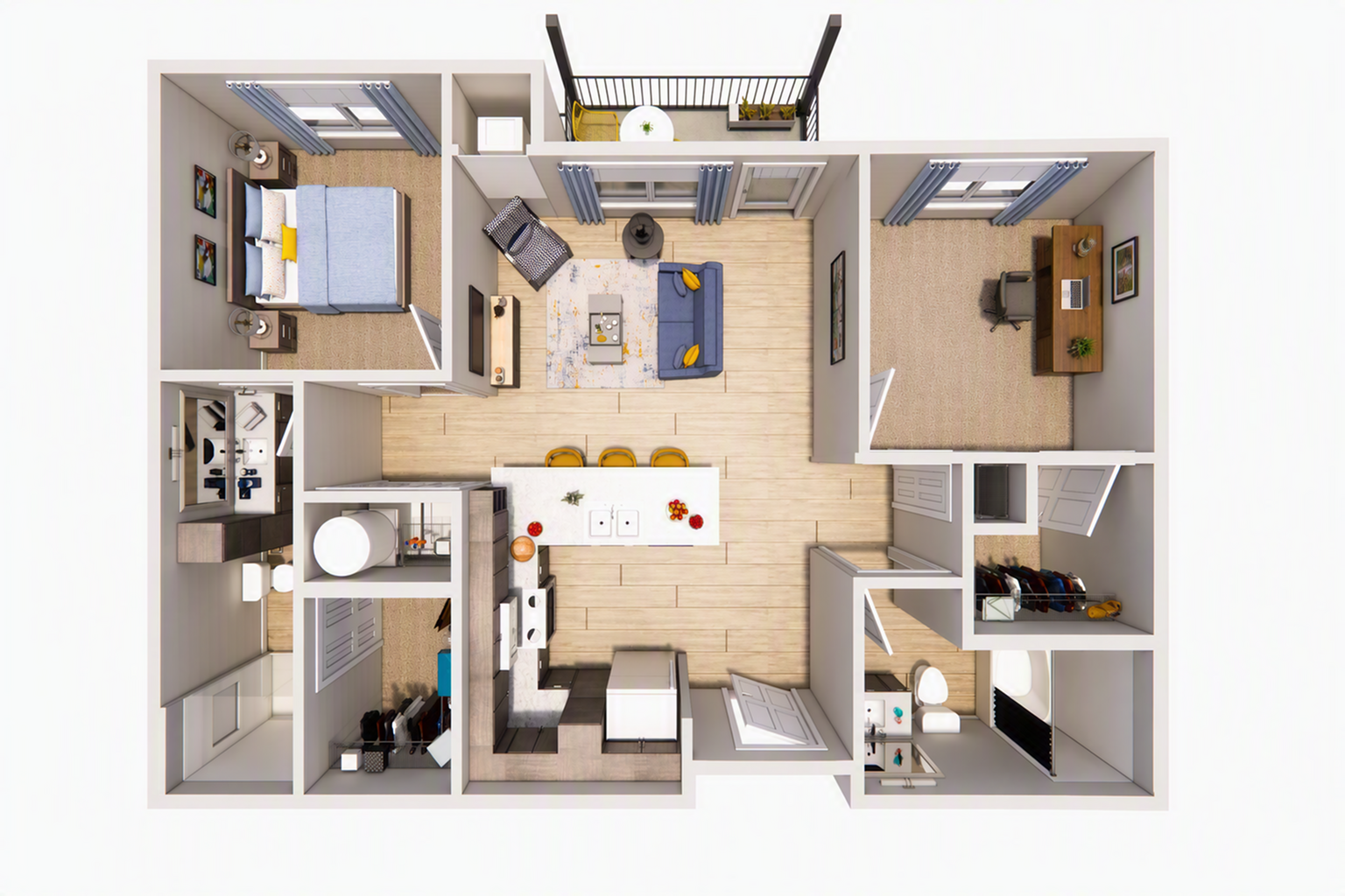 Modern 3D floor plan showcasing a stylish apartment with a cozy bedroom, spacious living area, functional kitchen, and a home office. Enjoy a private balcony and ample storage space.