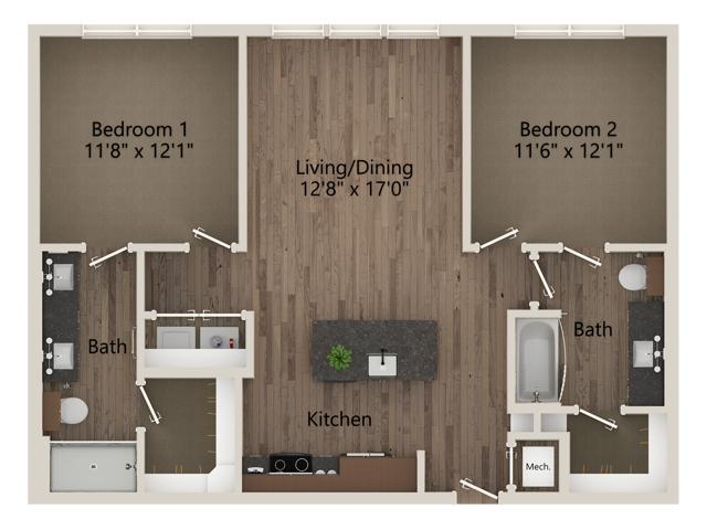 B1 2 Bedroom 2 Bathroom 999 sq ft