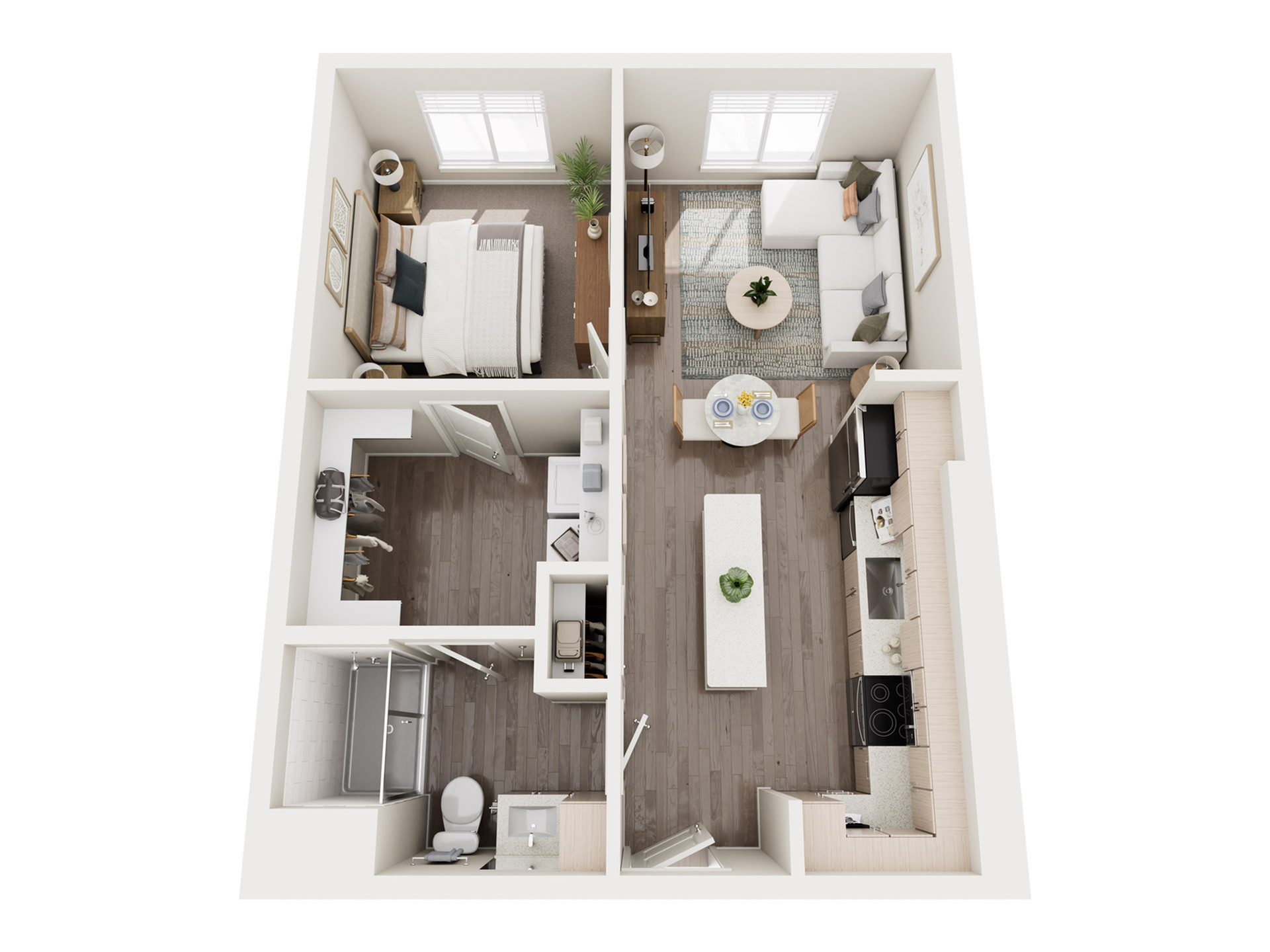 Modern floor plan featuring a cozy 1-bedroom suite with open living area, sleek kitchen, and elegant bathroom.