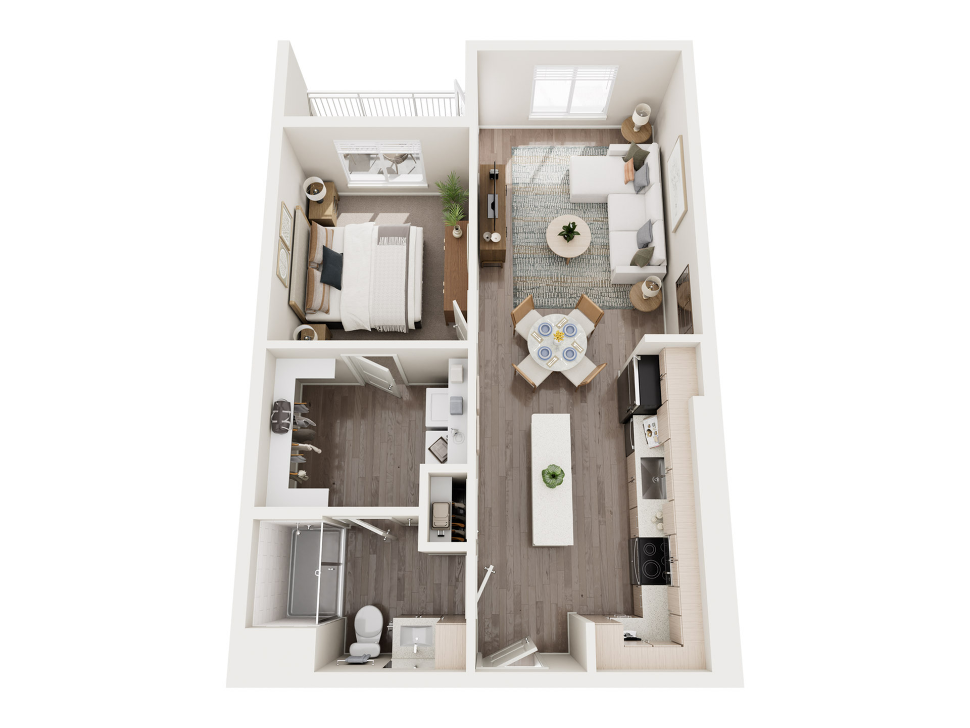 Modern open-concept apartment floor plan with one bedroom, cozy living area, and stylish kitchen.