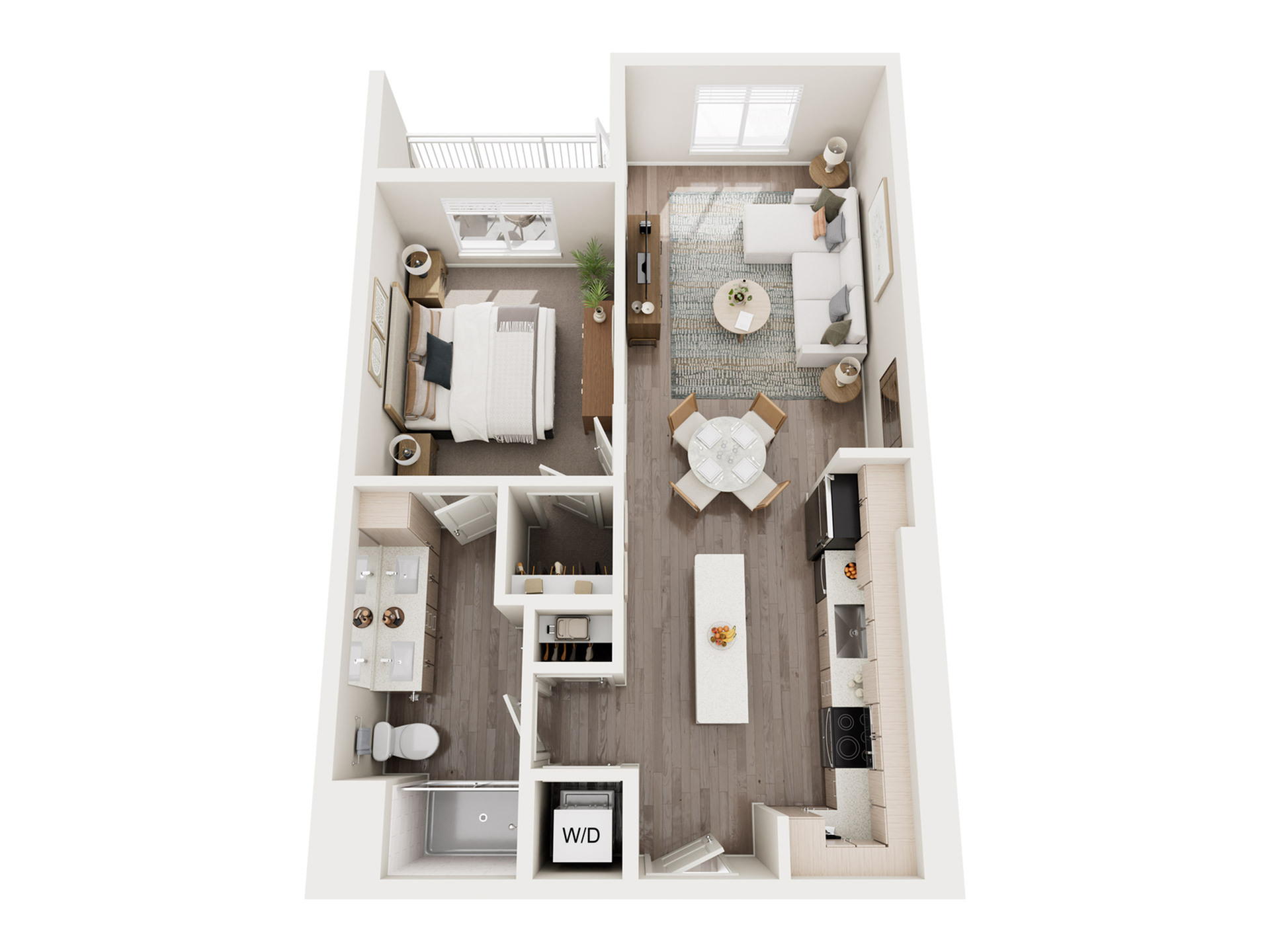 Modern 3D apartment floor plan featuring one bedroom, open-concept living and dining area, sleek kitchen, and stylish bathroom with washer/dryer unit.