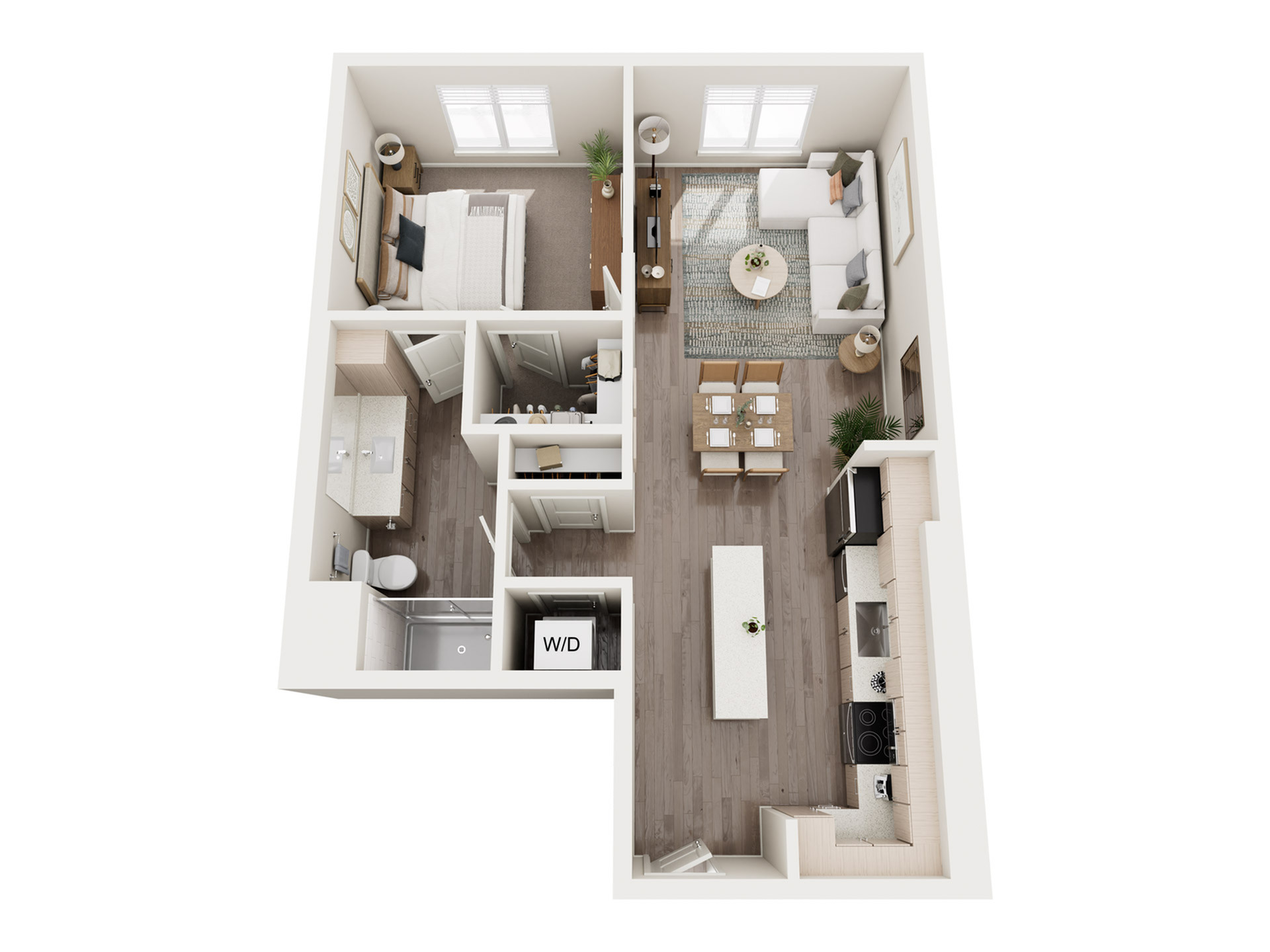 Modern 2D floor plan showcasing 1 bedroom, a sleek open-concept living area, and a chic kitchen with a spacious island.