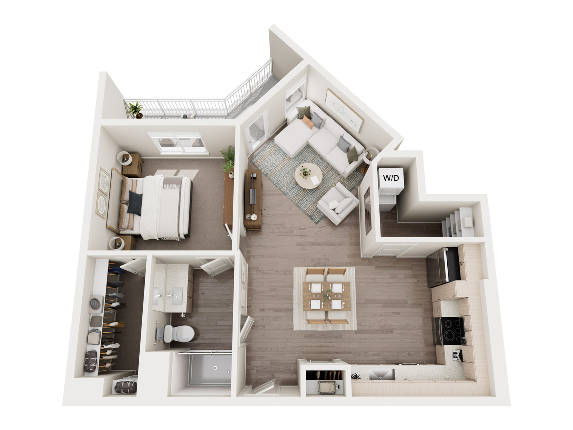 Chic 3D floor plan showcasing a modern 1-bedroom apartment with open living-dining area, sleek kitchen, and cozy balcony.