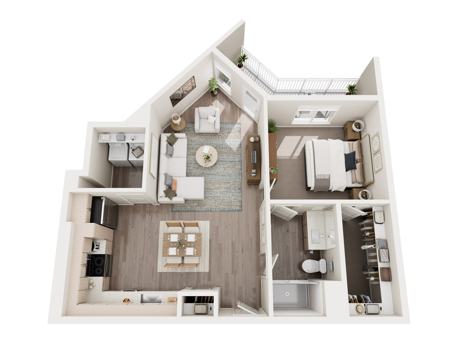 Elegant 3D floor plan featuring a cozy bedroom, modern bathroom, spacious living area, and fully equipped kitchen with dining space.