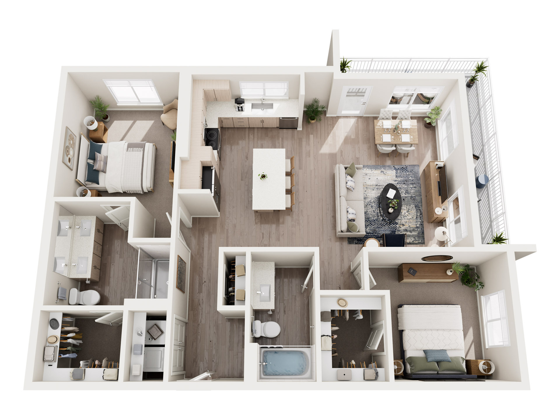 Elegant open-concept 2D floor plan showcasing 2 bedrooms, spacious living area, modern kitchen, and balcony access with ample natural light.