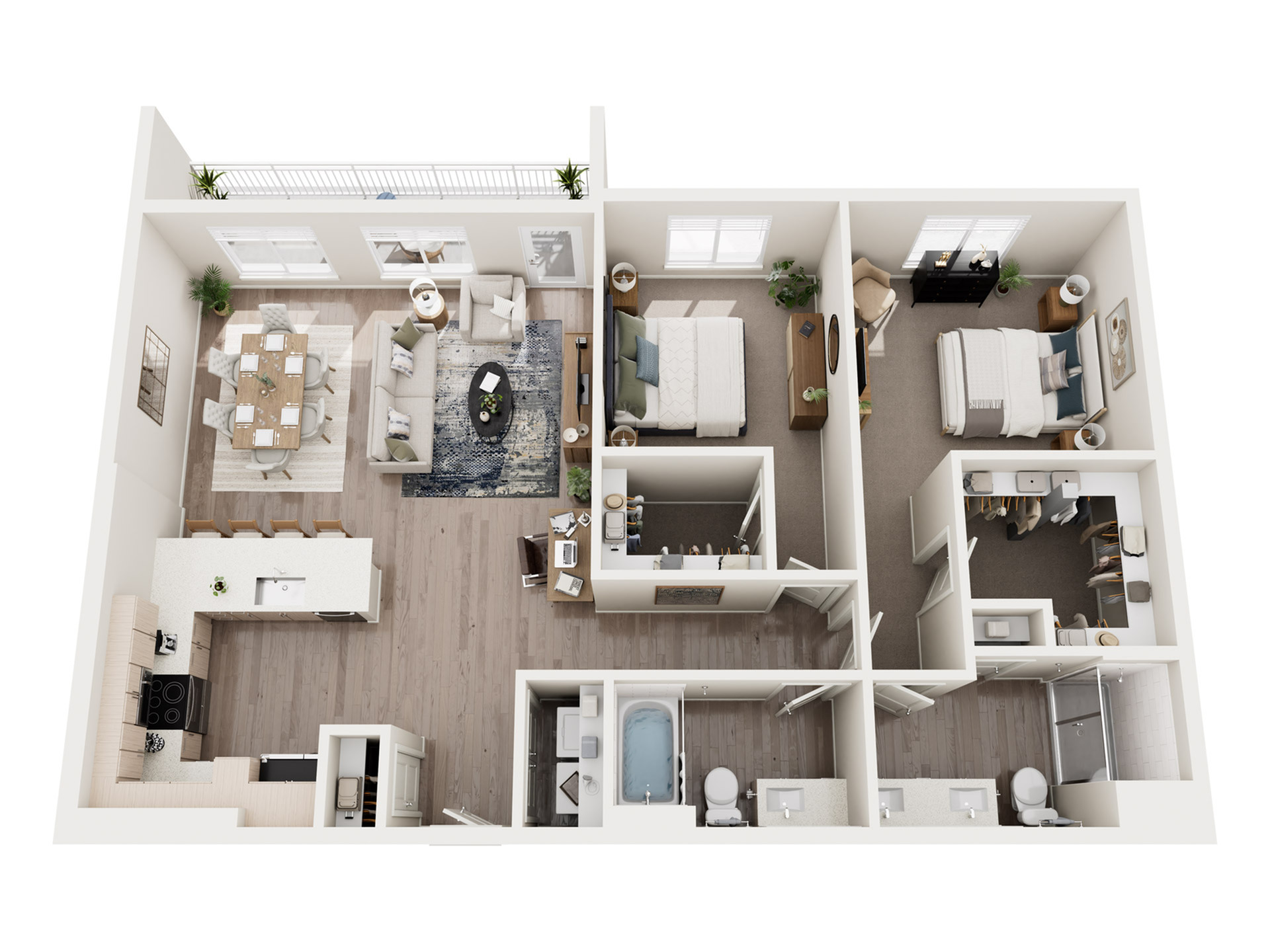 Elegant 3D floor plan showcasing an open-concept living and dining area, 2 cozy bedrooms, and a modern kitchen with high-end finishes.