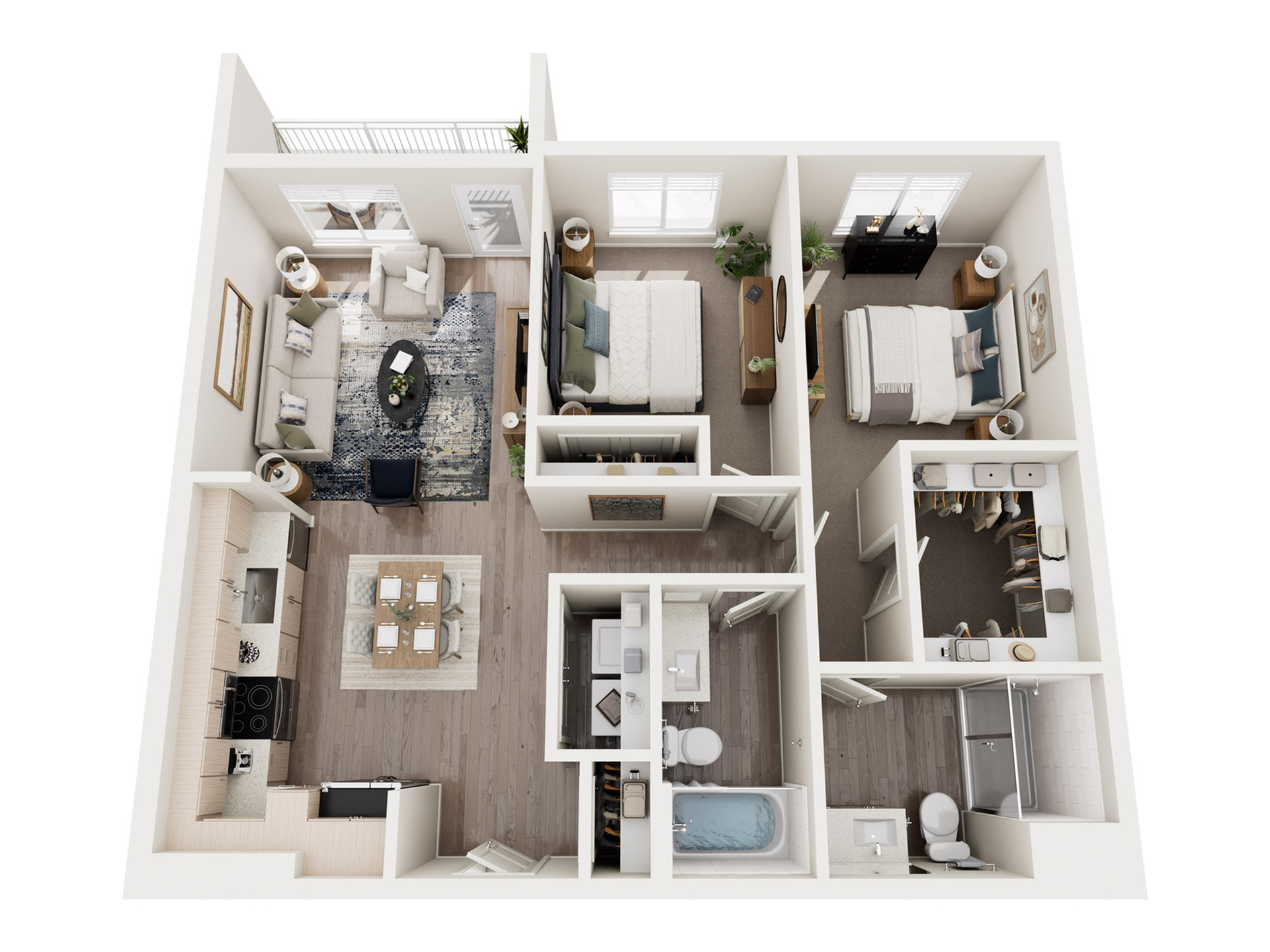 Elegant 3D floor plan showcasing a stylish apartment with 2 bedrooms, an open-concept living room, modern kitchen, and two bathrooms, including luxurious finishes and ample natural light.