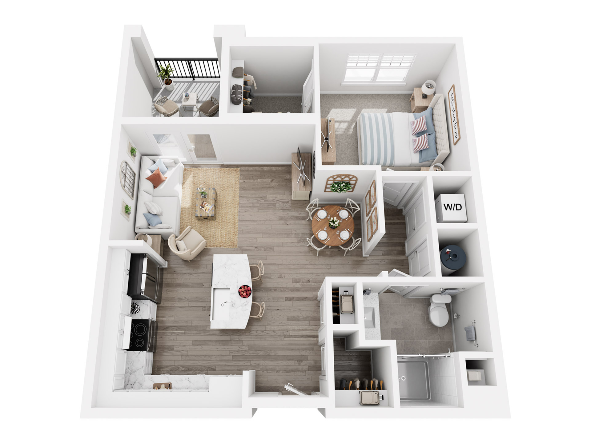 Contemporary 3D floor plan highlighting a stylish 1-bedroom apartment with open-concept living room, modern kitchen with island, cozy dining area, chic balcony, and convenient in-unit laundry.