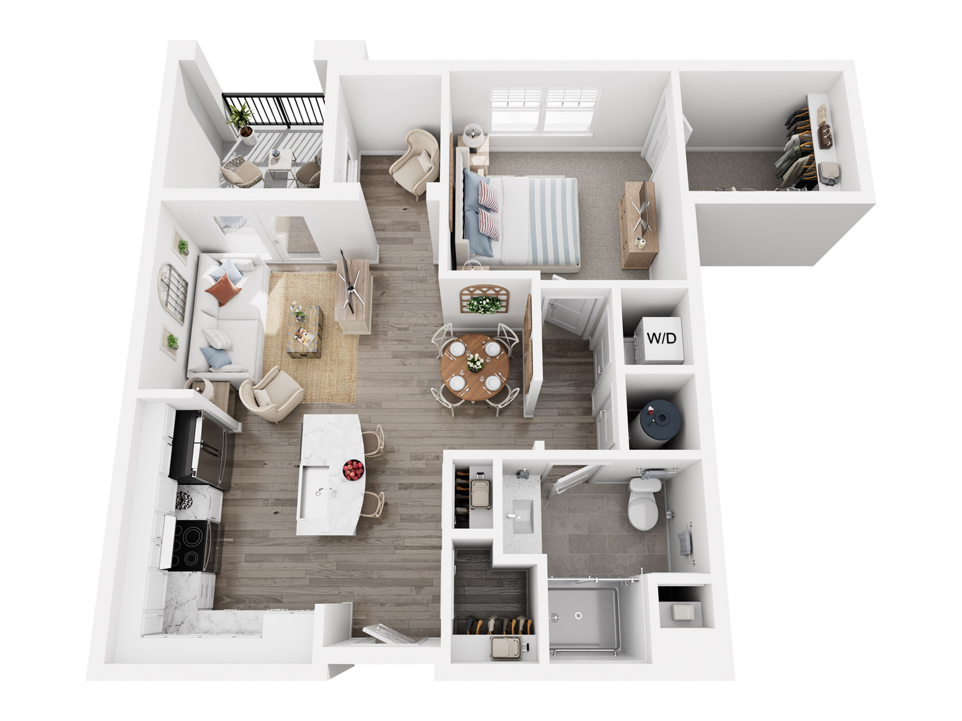 Modern 3D floor plan showcasing an open-concept one-bedroom apartment with a stylish living room, elegant kitchen island, cozy dining area, and private balcony. Includes spacious walk-in closet, washer/dryer, and luxurious bathroom.