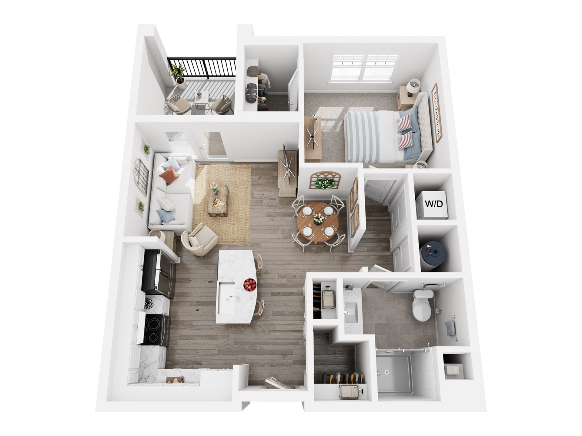 Contemporary 2D apartment floor plan with 1 spacious bedroom, open-concept living and dining area, modern kitchen, and private balcony.