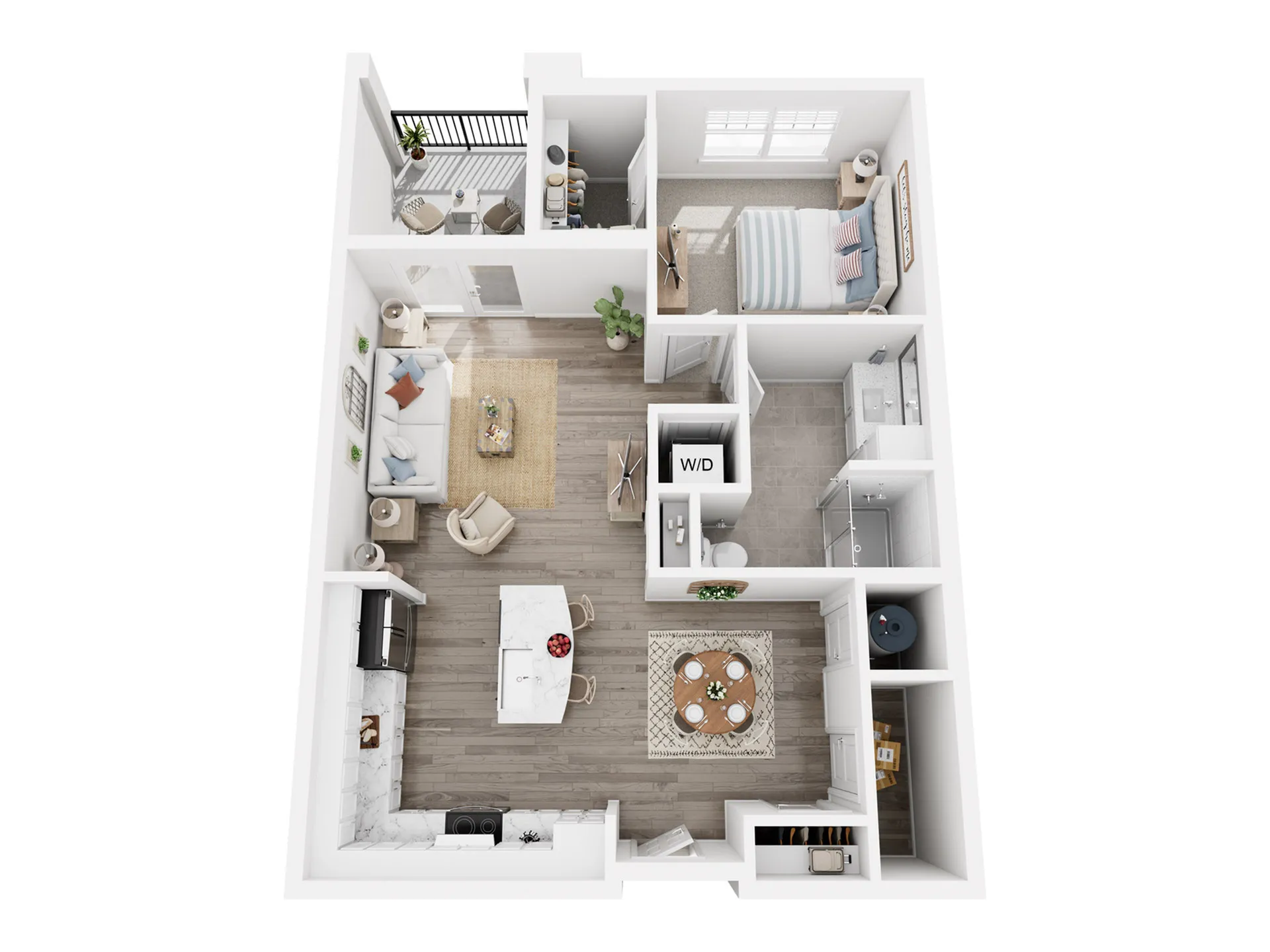 Modern open layout 1-bedroom apartment with spacious living area, stylish kitchen, and cozy balcony.