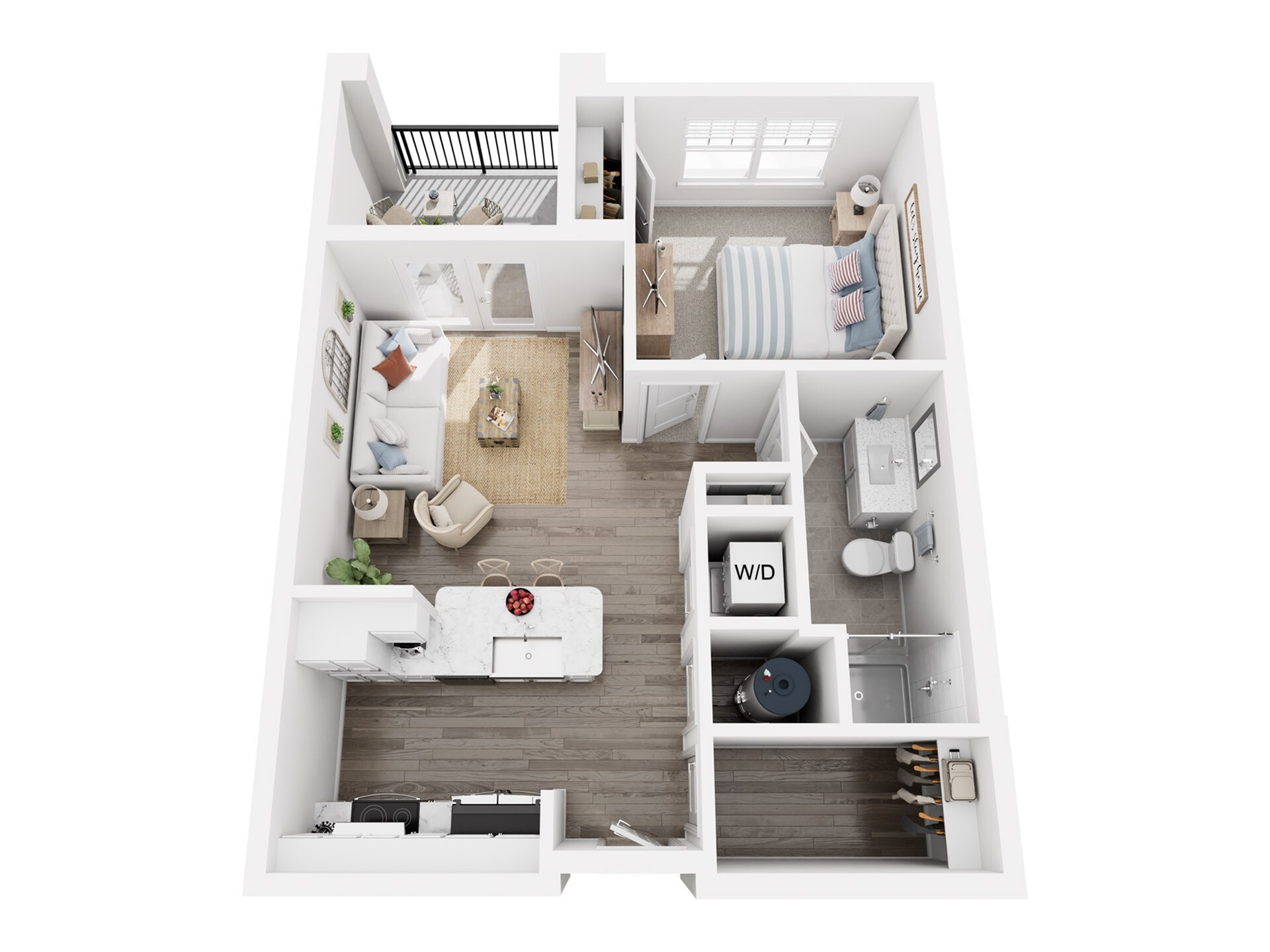 Modern 1-bedroom apartment floor plan with open-concept living area, sleek kitchen, cozy balcony, and stylish bathroom.