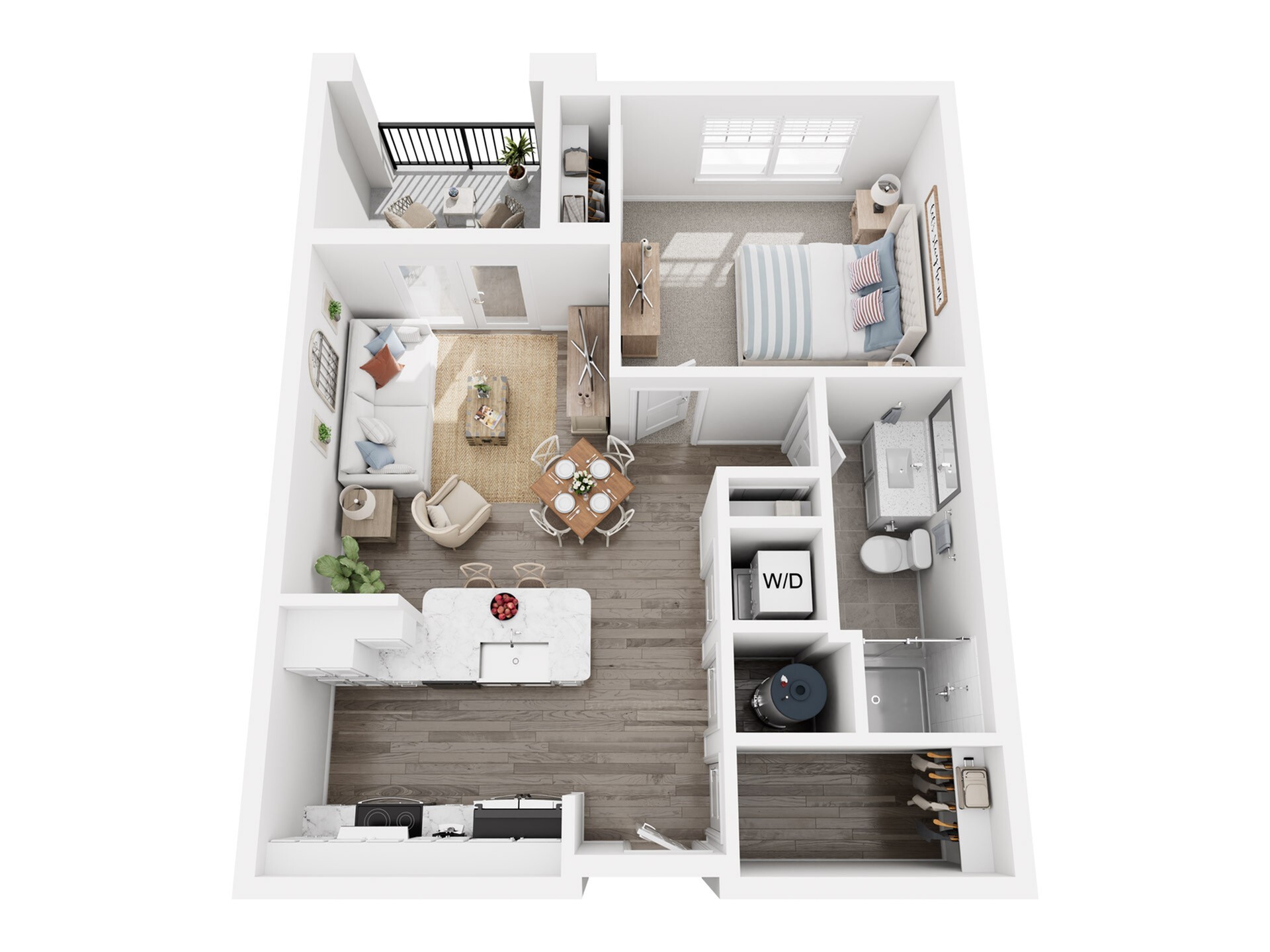 Charming 3D apartment layout showcasing a cozy bedroom, open-plan kitchen, inviting living area, and a sleek bathroom with balcony access.