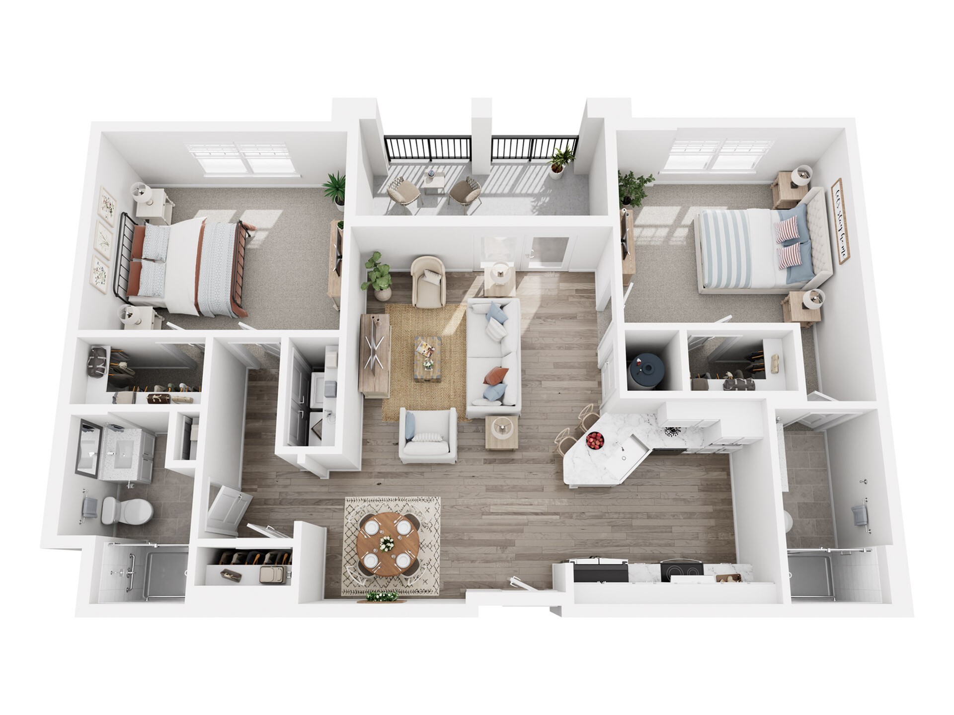 Elegant 3D apartment floor plan featuring 2 cozy bedrooms, a modern open-concept living area, stylish kitchen with island seating, and a private balcony.