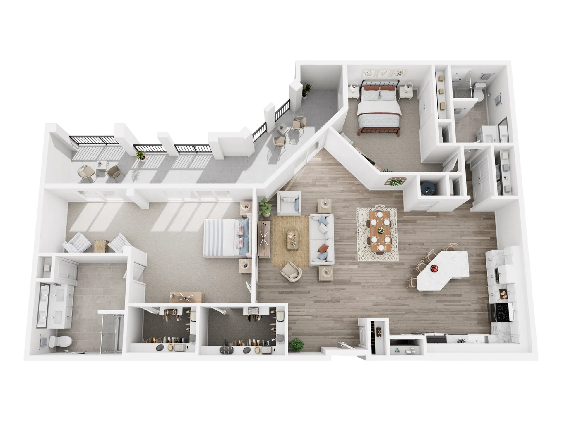 Modern 3D floor plan showcasing 2 bedrooms, spacious living area, and elegant kitchen with island. Featuring two balconies for outdoor enjoyment.