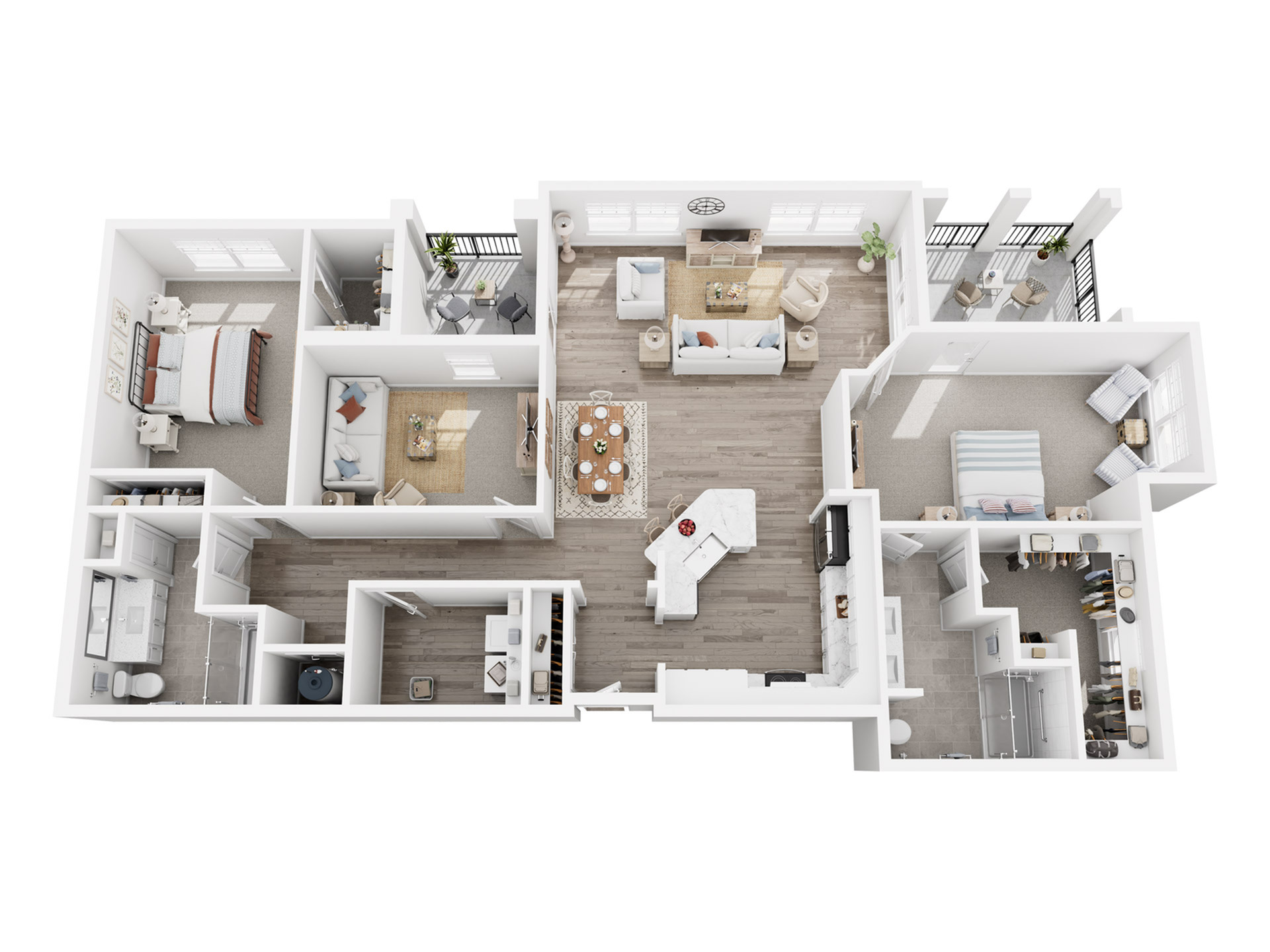 Elegant 3D floor plan showcasing 2 cozy bedrooms, a modern open-concept kitchen, spacious living and dining areas, plus a private balcony.