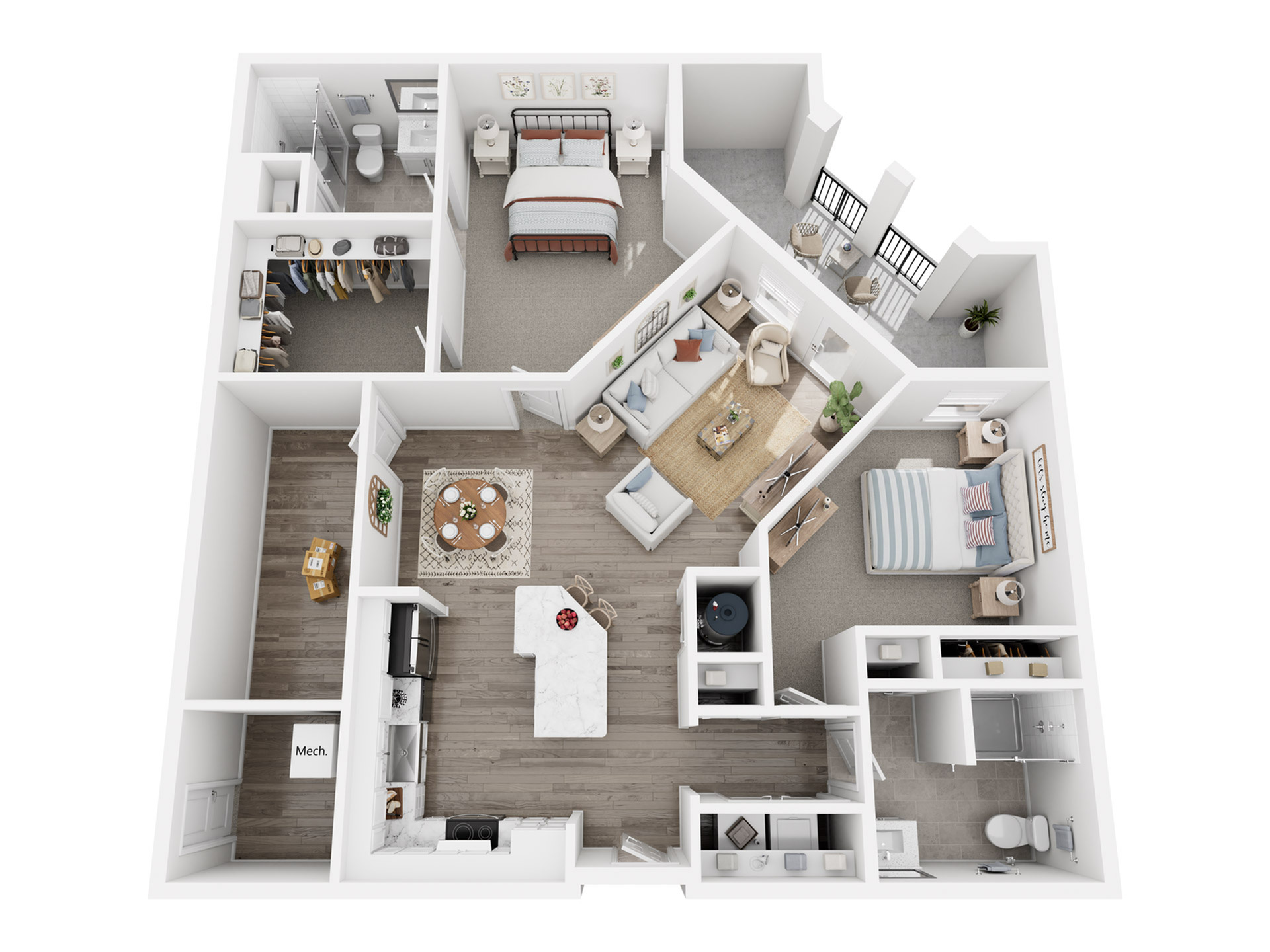 Modern 3D floor plan showcasing two bedrooms, open-concept living and dining area, stylish kitchen, two bathrooms, spacious balcony with seating, and ample storage.