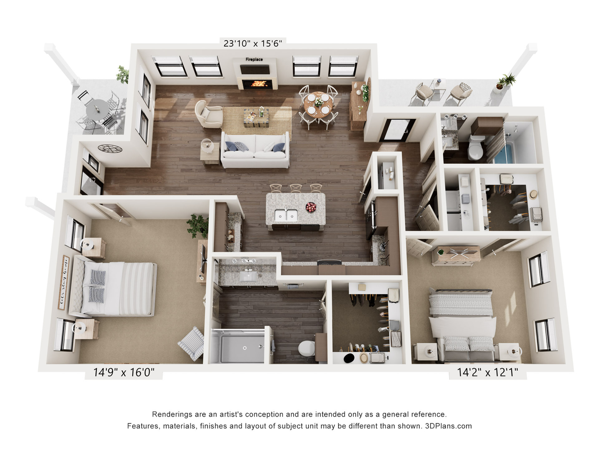 Elegant 3D floor plan showcasing a spacious three-bedroom apartment with an open-concept living area, cozy fireplace, modern kitchen, and stylish patio.