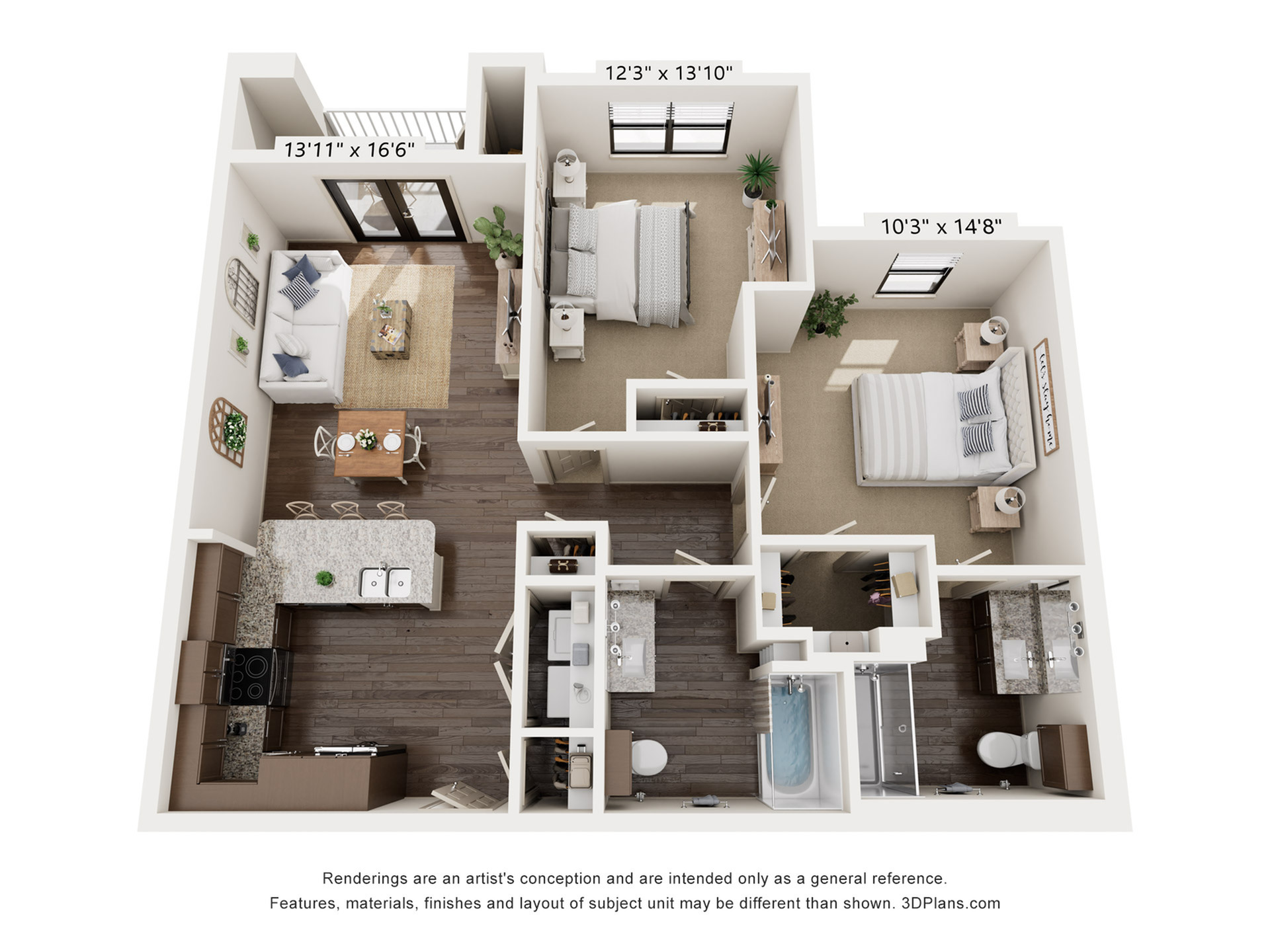Chic 3D floor plan showcasing 2 spacious bedrooms, inviting open-concept living and dining area, modern kitchen with island, and 2 sleek bathrooms.