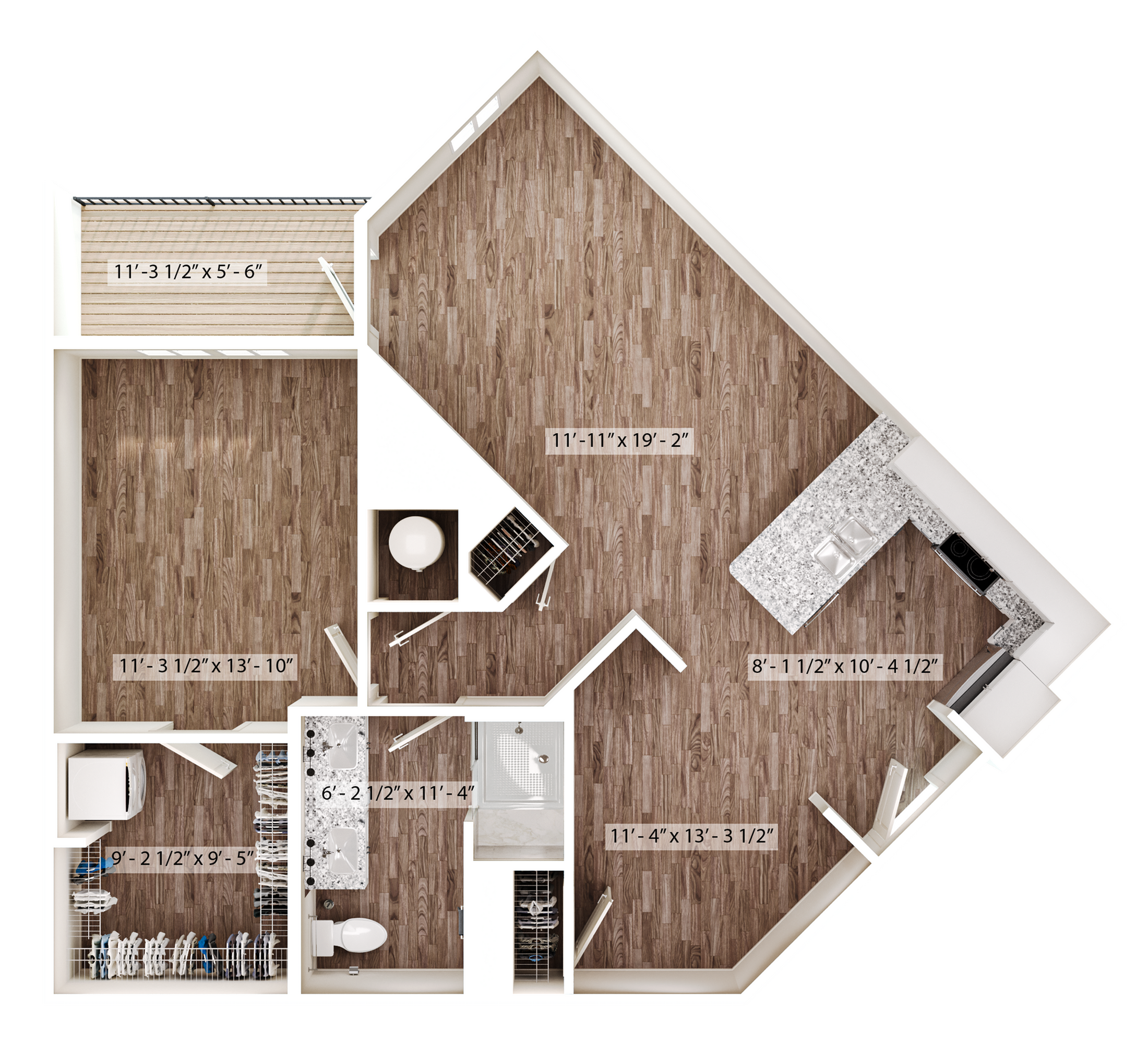 Contemporary floor plan showcasing a stylish one-bedroom apartment with open-concept living area, modern kitchen, and private balcony.