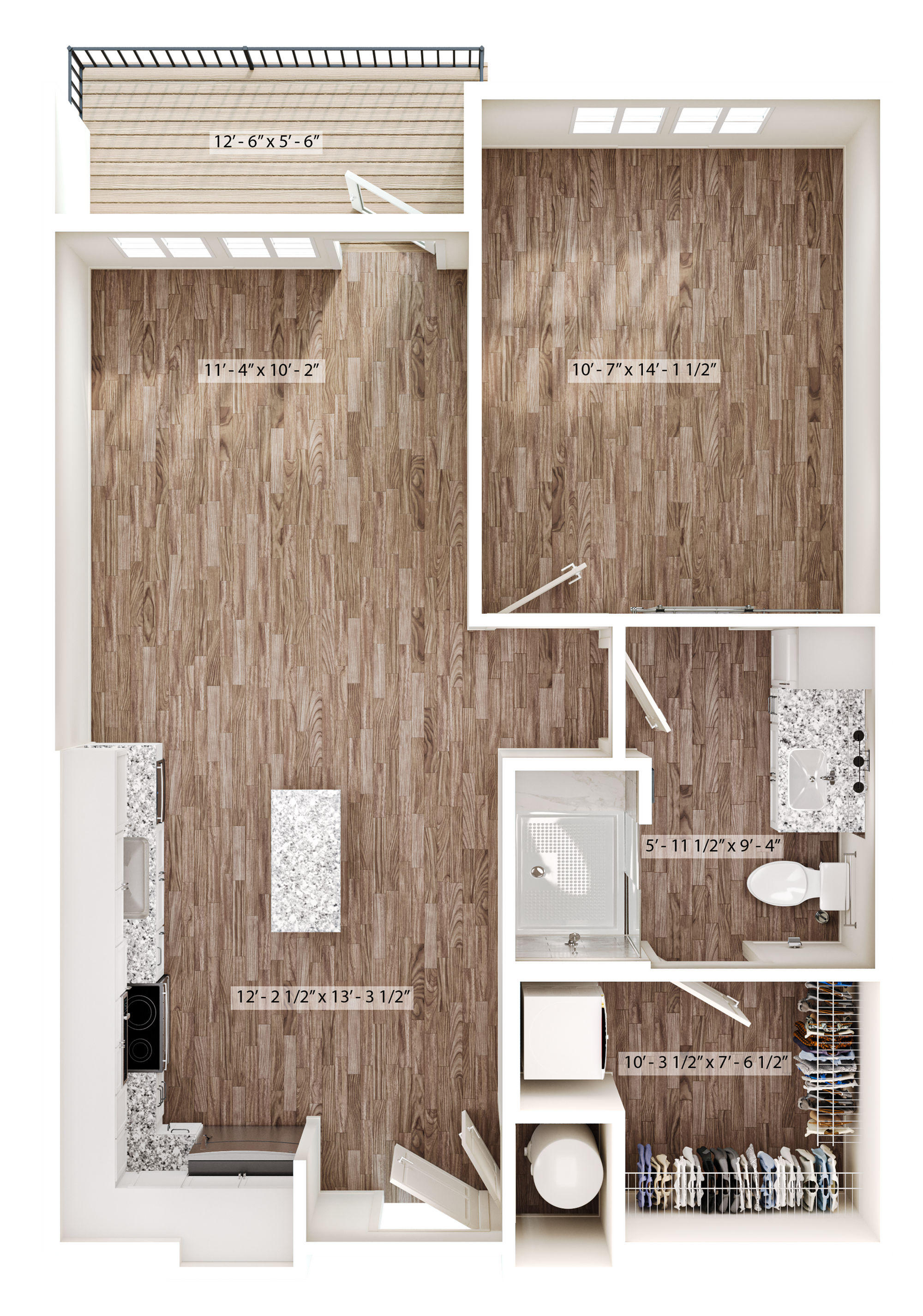 Contemporary floor plan showcasing a spacious kitchen with island, large living area, cozy bedroom, modern bathroom, walk-in closet, and balcony.