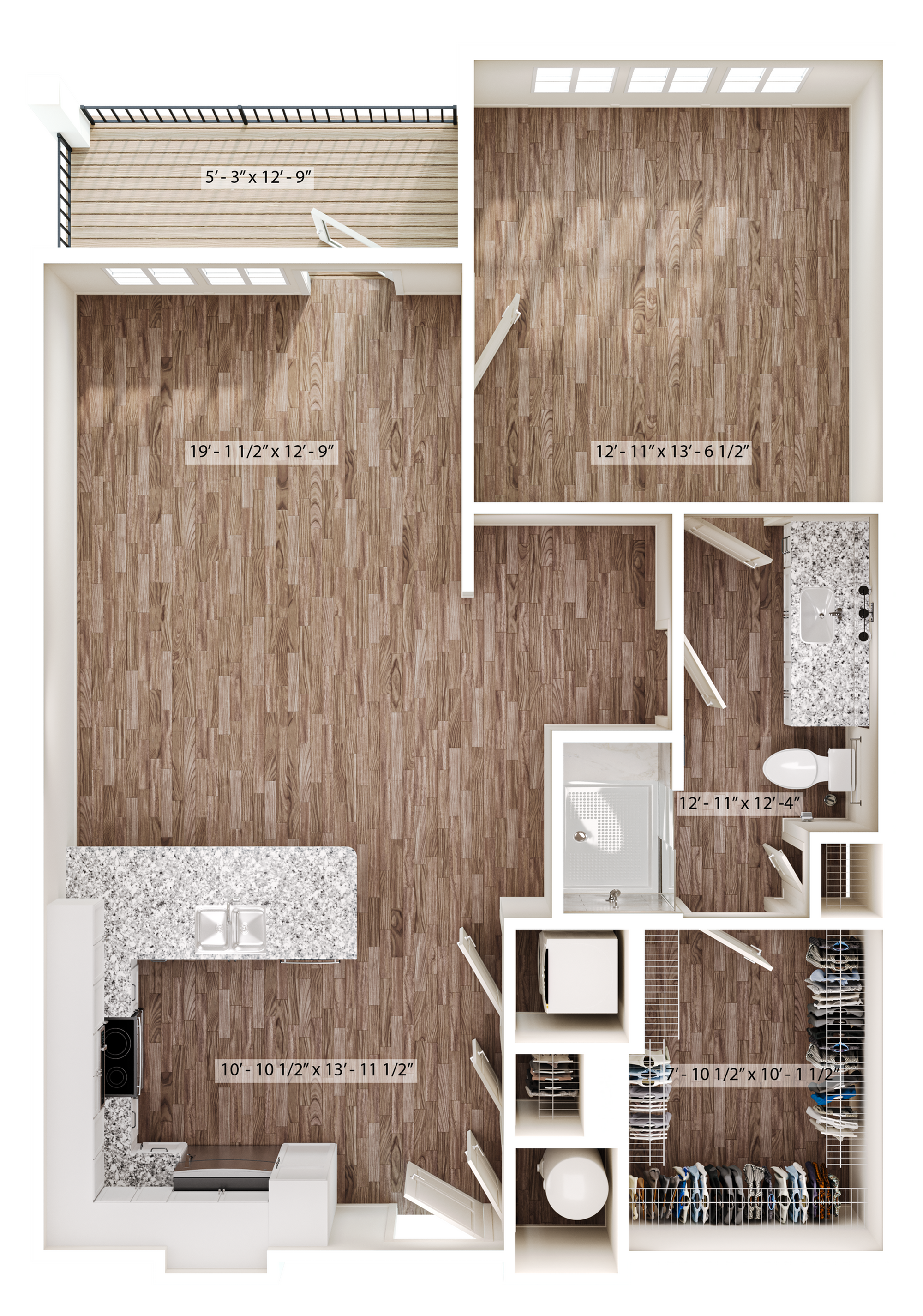 Chic apartment floor plan with a spacious bedroom, modern kitchen, elegant bathroom, and inviting living area, featuring beautiful wood flooring and a cozy balcony.