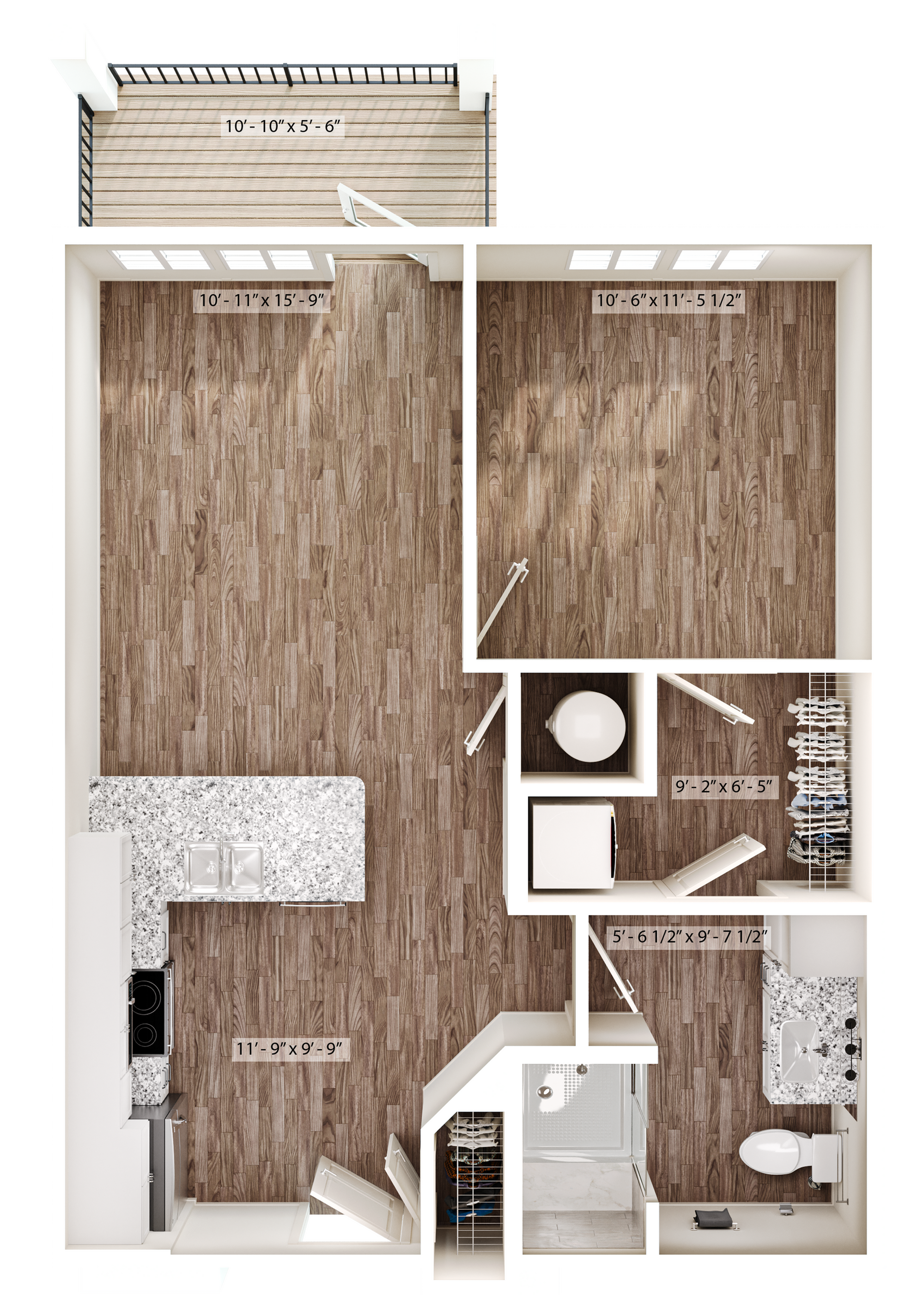 Elegant floor plan featuring a spacious open-concept kitchen and living area, one bedroom, modern bathroom, laundry room, and private balcony.