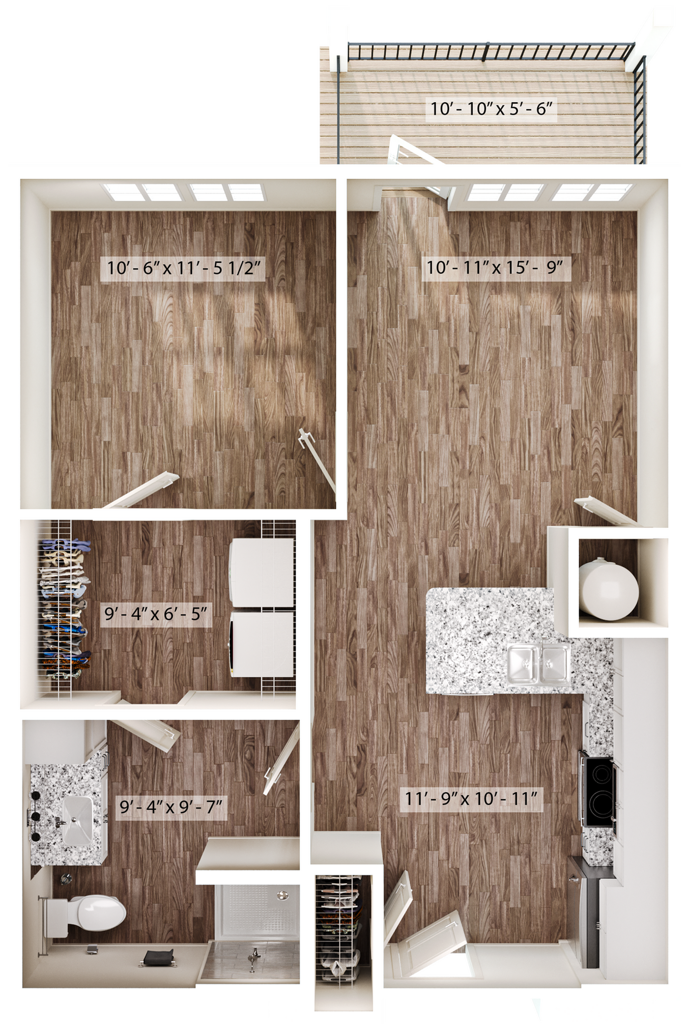 Modern 2-bedroom apartment floor plan featuring open kitchen layout, spacious living area, and cozy outdoor balcony.