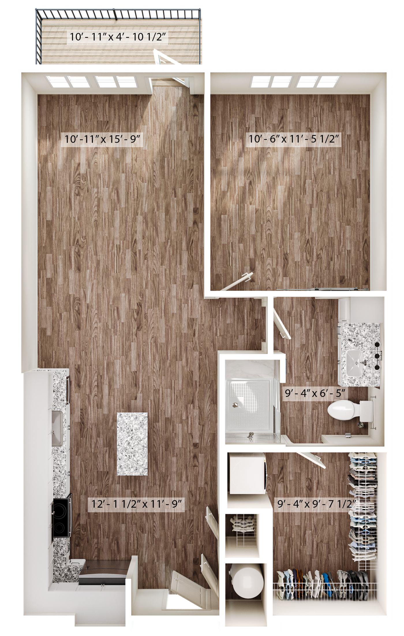 Elegant 2D floor plan showcasing an open-concept living and kitchen area, a spacious bedroom, modern bathroom, and a private balcony.