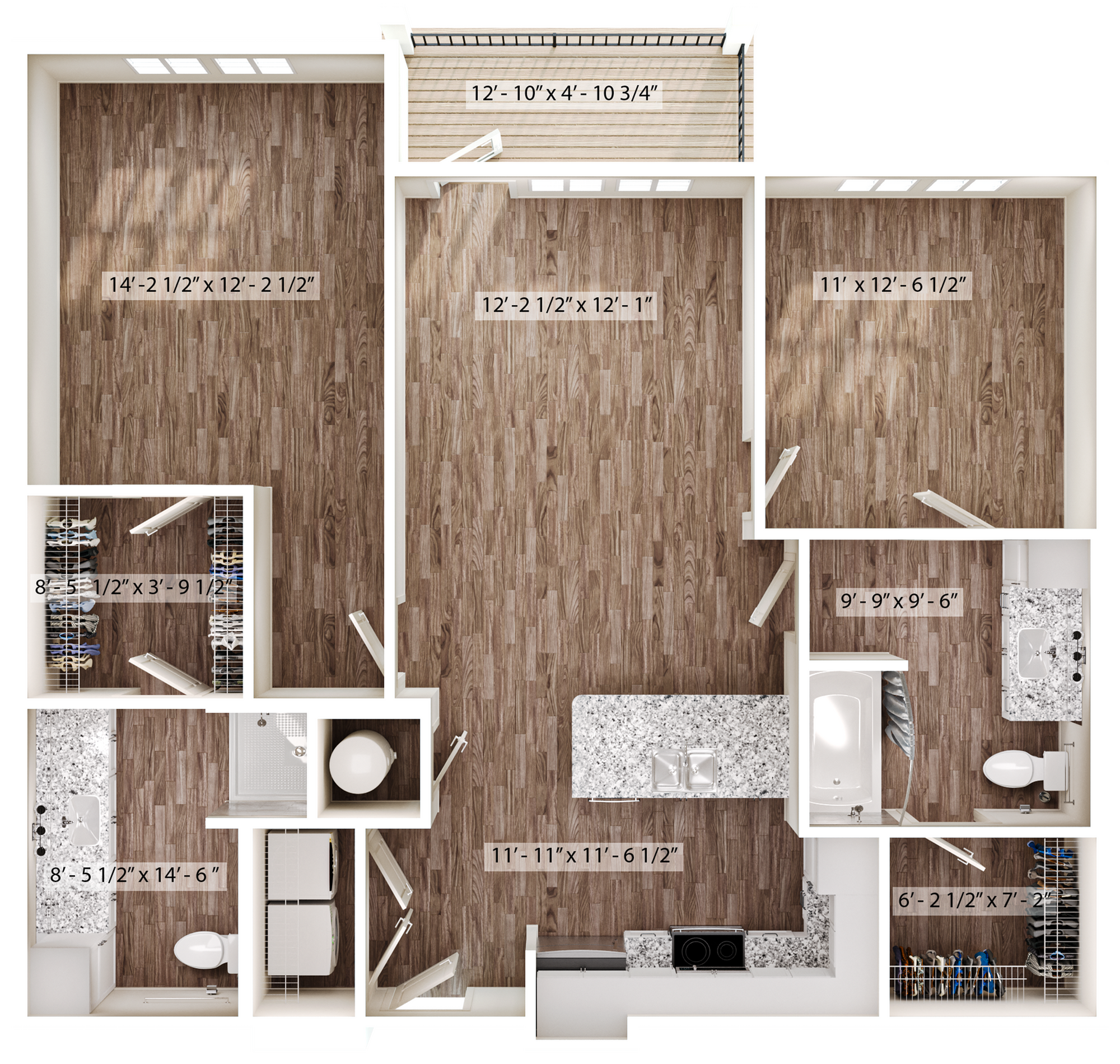 Elegant apartment floor plan highlighting 2 bedrooms, spacious living area, modern kitchen, and balcony access.