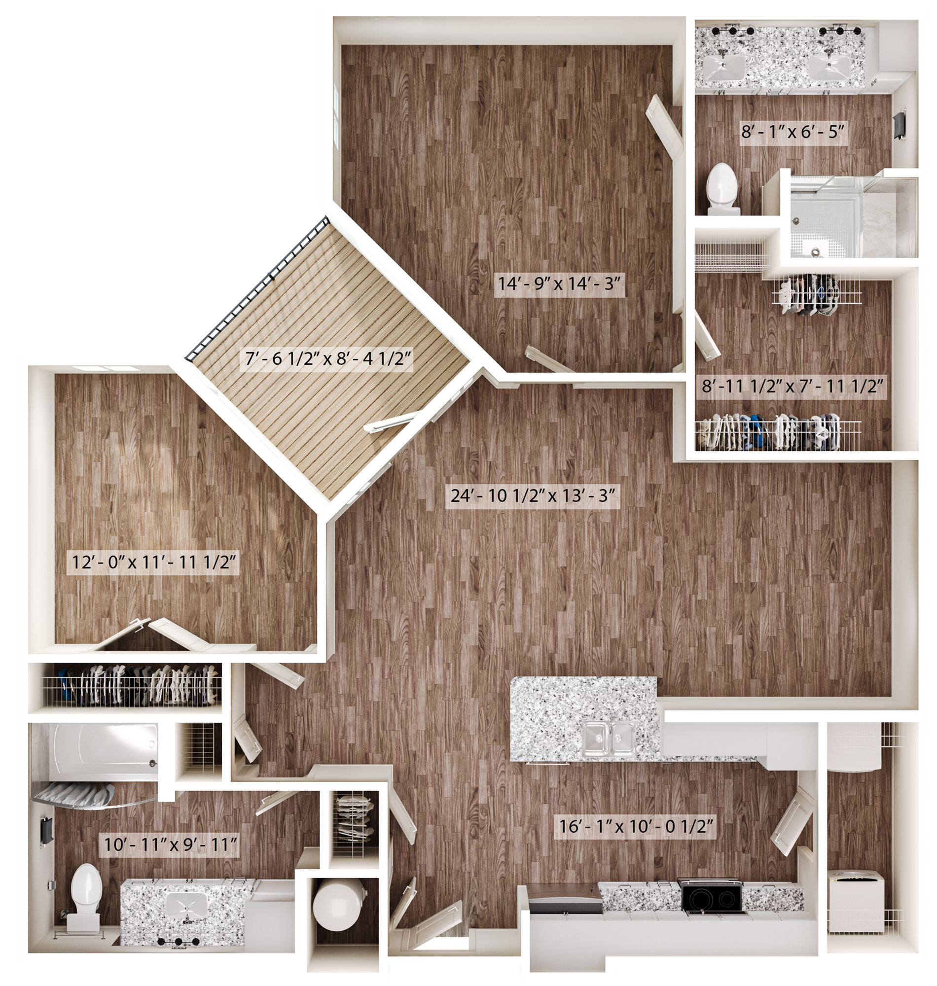 Elegant and spacious 2D floor plan showcasing 3 bedrooms, modern kitchen, and inviting open living area with hardwood flooring.