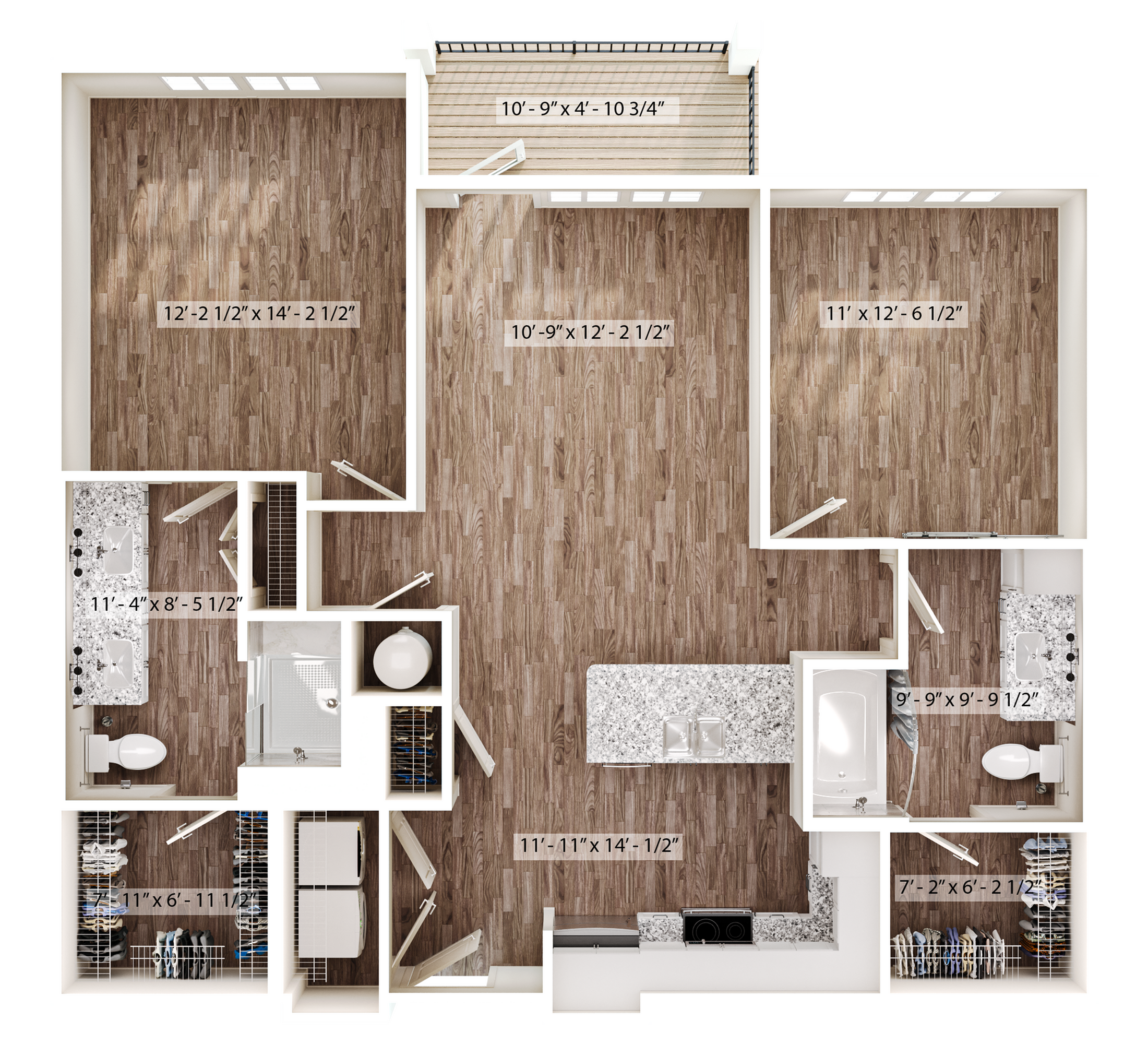 Modern 3D floor plan showcasing two spacious bedrooms, a stylish kitchen with an island, and a cozy living area leading to a private balcony.