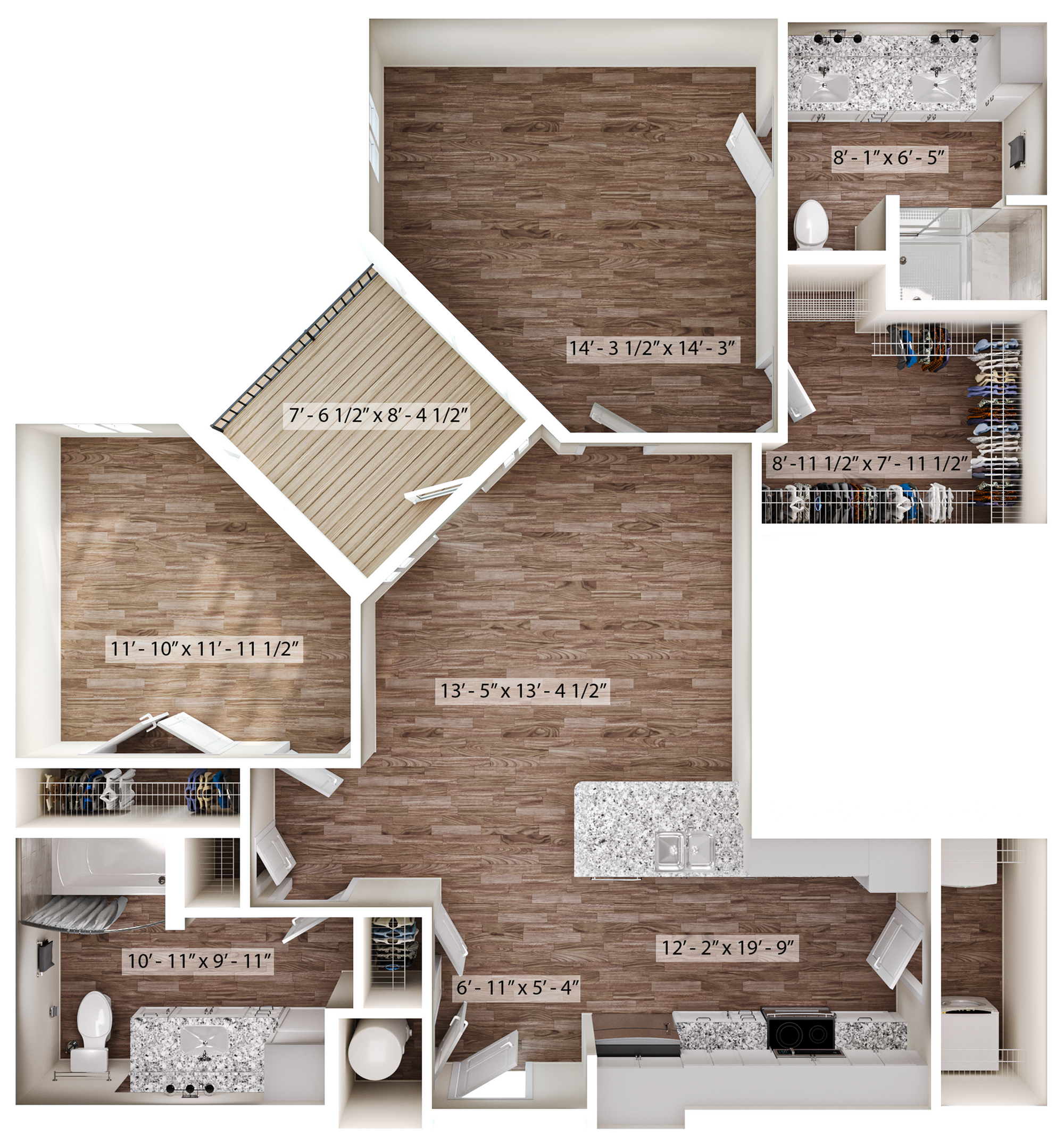 Elegant 3-bedroom apartment floor plan featuring open-concept living space, modern kitchen with island, and spacious walk-in closet.
