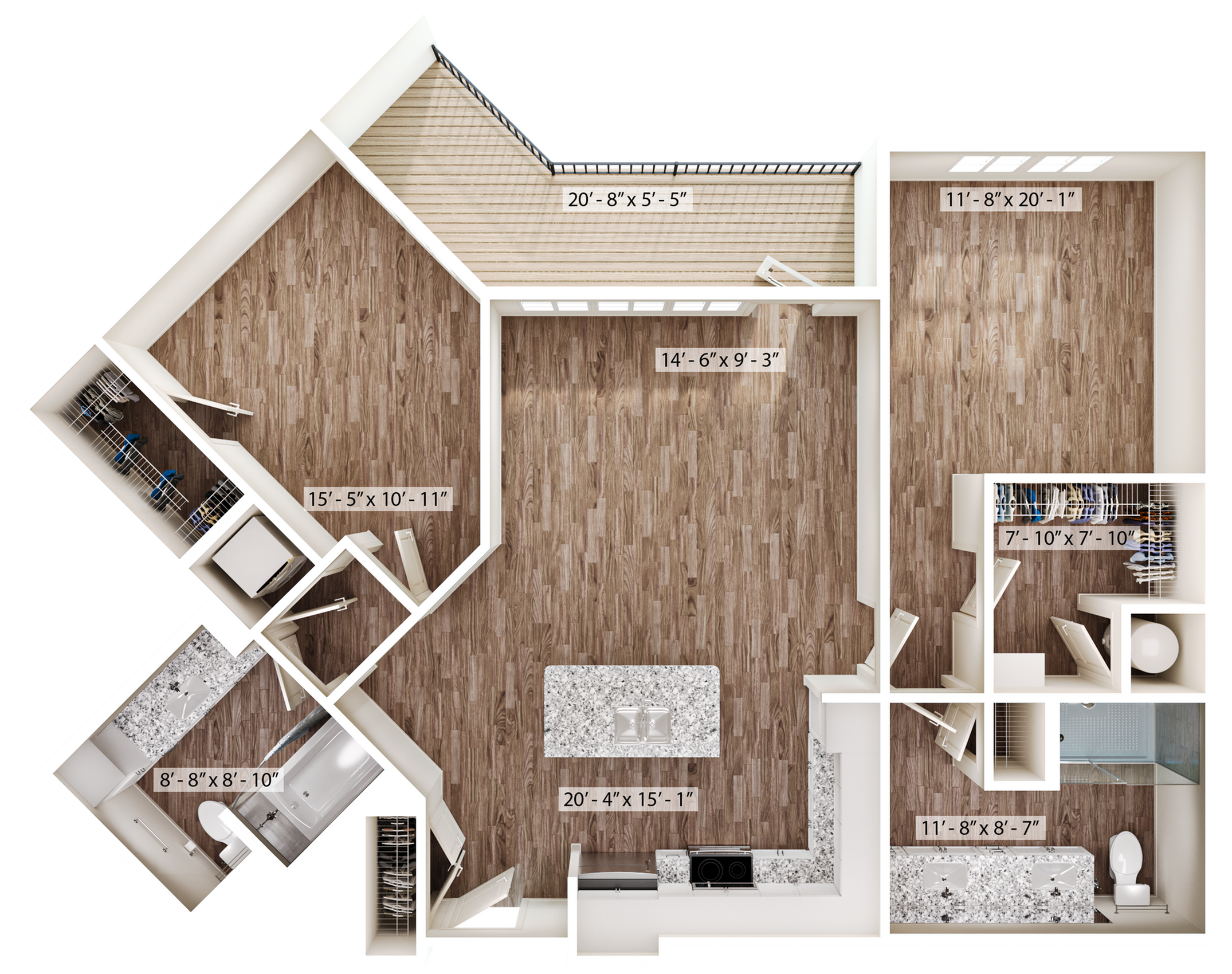 Elegant floor plan featuring a spacious open kitchen, luxurious living area, two large bedrooms, modern bathrooms, and a cozy balcony.